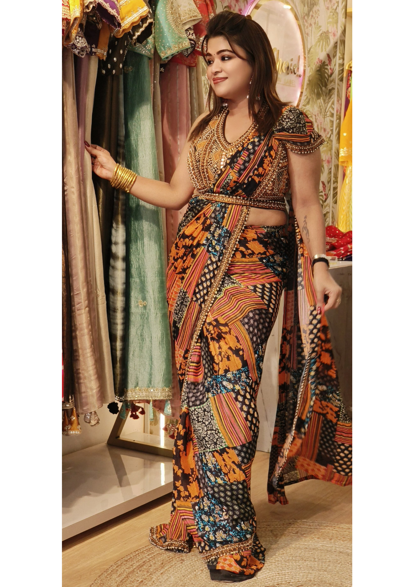 Halter Neck Designer Stylish Multi Color  Heavy Embroidery Blouse  Drape saree with Belt