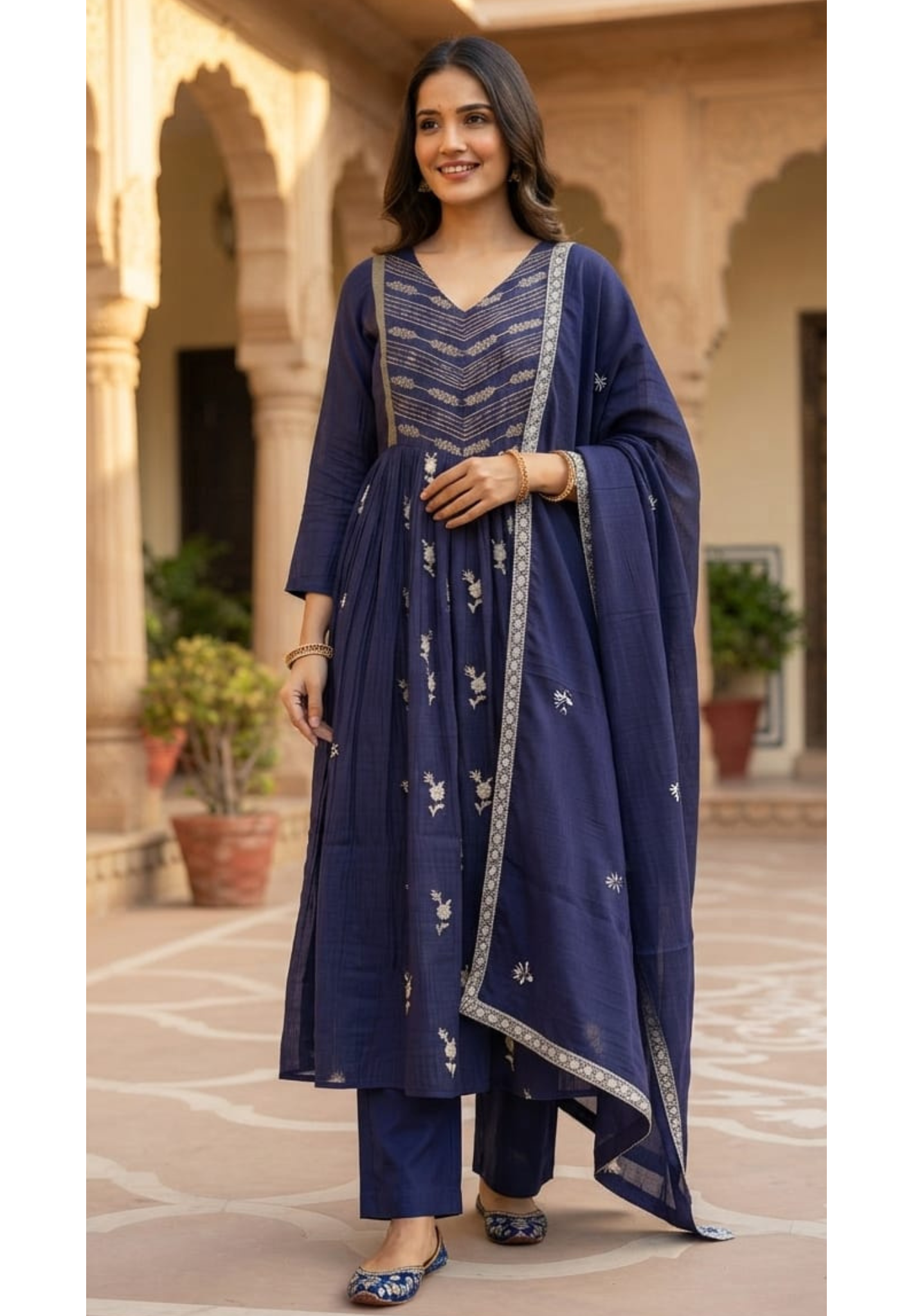 Royal Zardosi Embroidered Front Pleated A-Line Full Suit Set With Dupatta