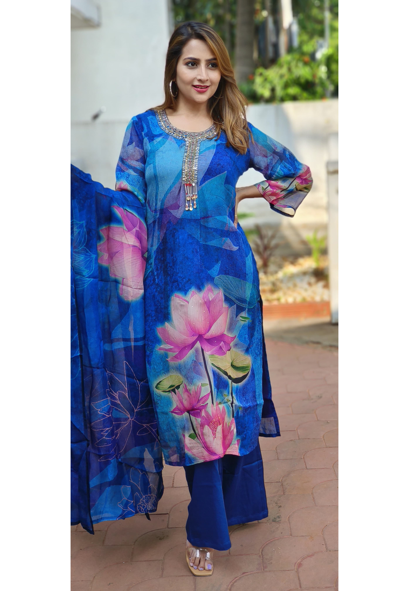 Peacock Blue Organza Floral Print Full suit Set with  Dupatta-05295