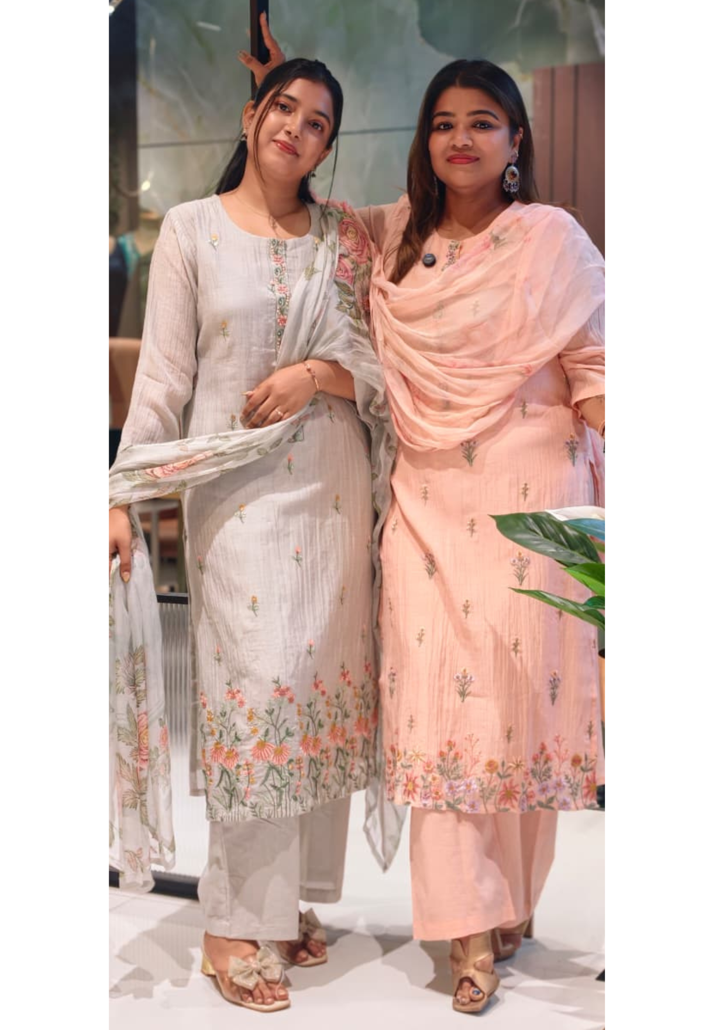 Pastel Soft Apricot & Ash Floral Spring Embroidered  Mul Chanderi Full Suit Set With Pure Chiffon Dupatta - 13719,13730