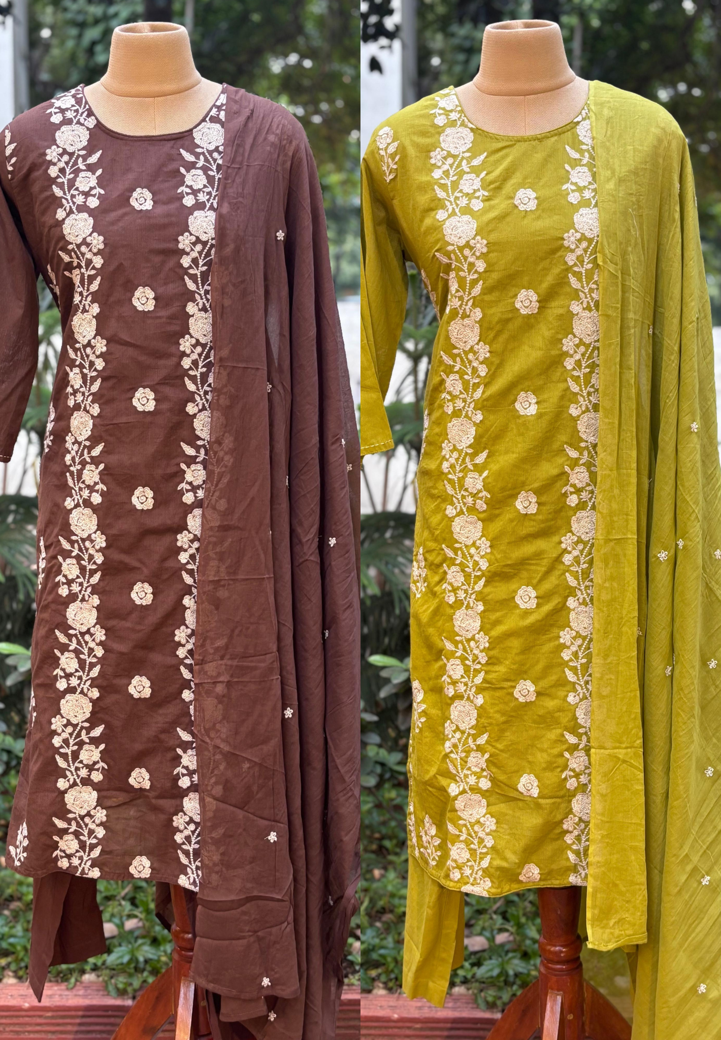 Floral Thread Parallelly Embroidered Cotton Full Suit Set With Dupatta- 11709, 11710
