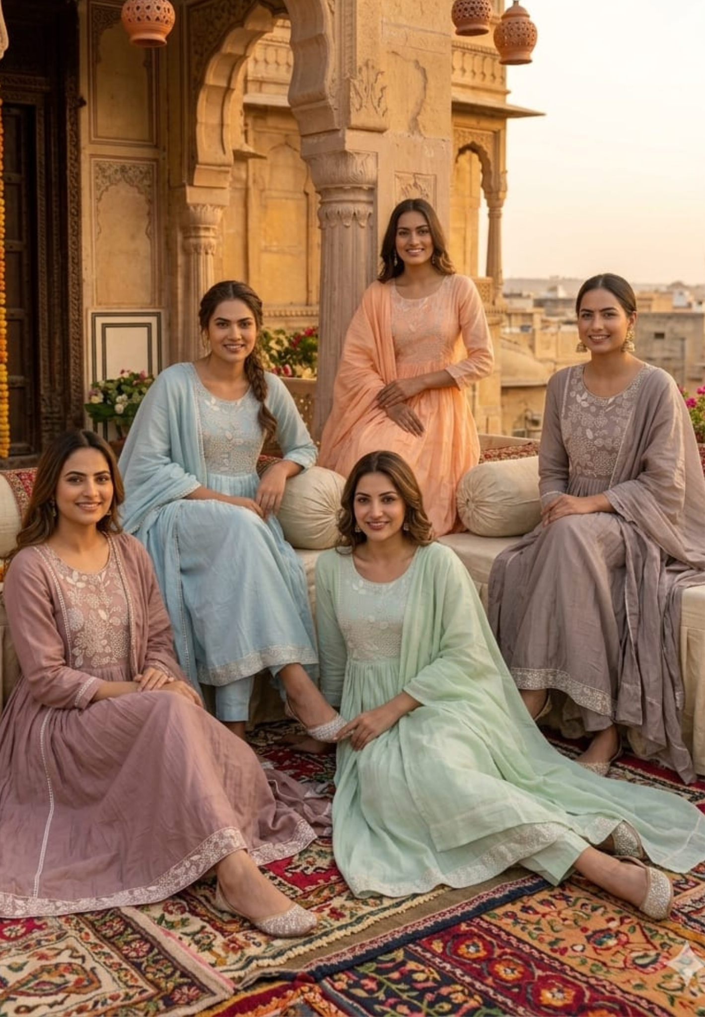 Dusty Pastel Heavy Embroidered Yoke Surat Mul-Chanderi Anarkali Full Suit set With Dupatta