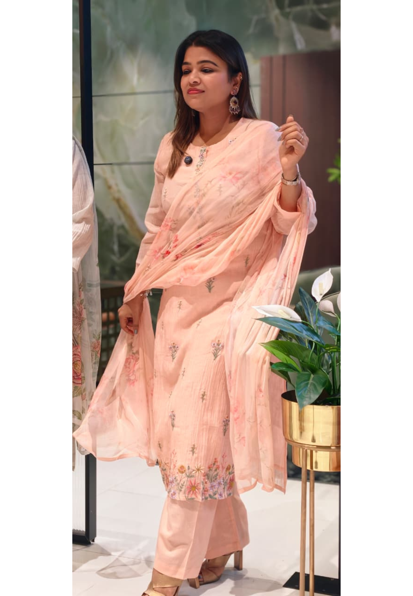 Pastel Soft Apricot & Ash Floral Spring Embroidered  Mul Chanderi Full Suit Set With Pure Chiffon Dupatta - 13719,13730