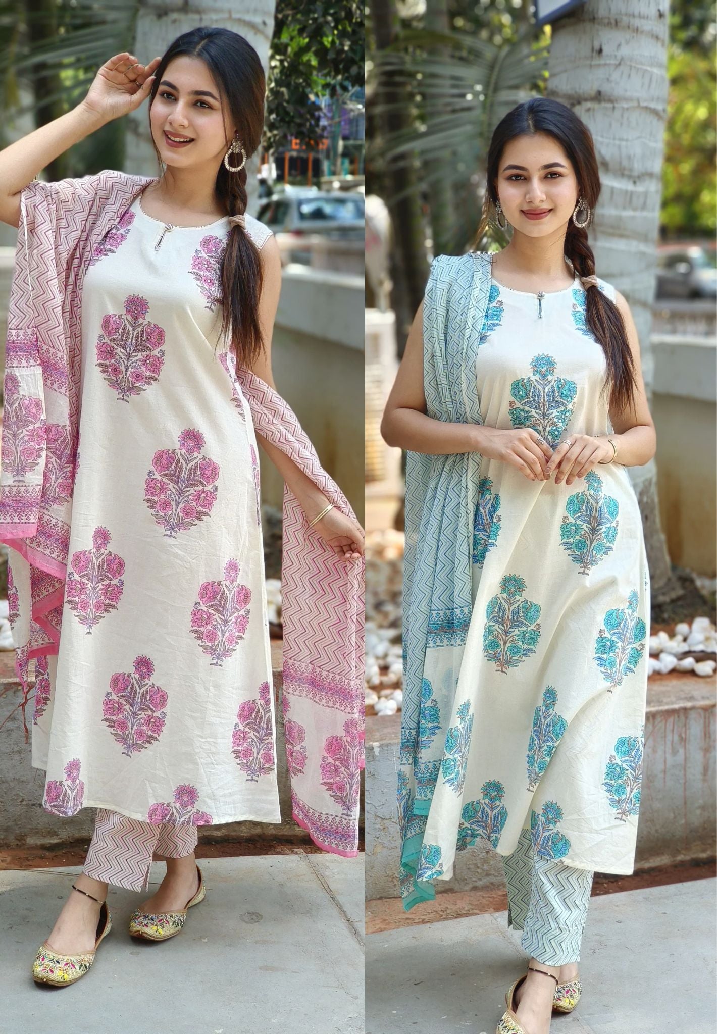 Sleeveless Cotton  Floral Cotton Summer Full Suit Set of 3-04576 sleeves attached