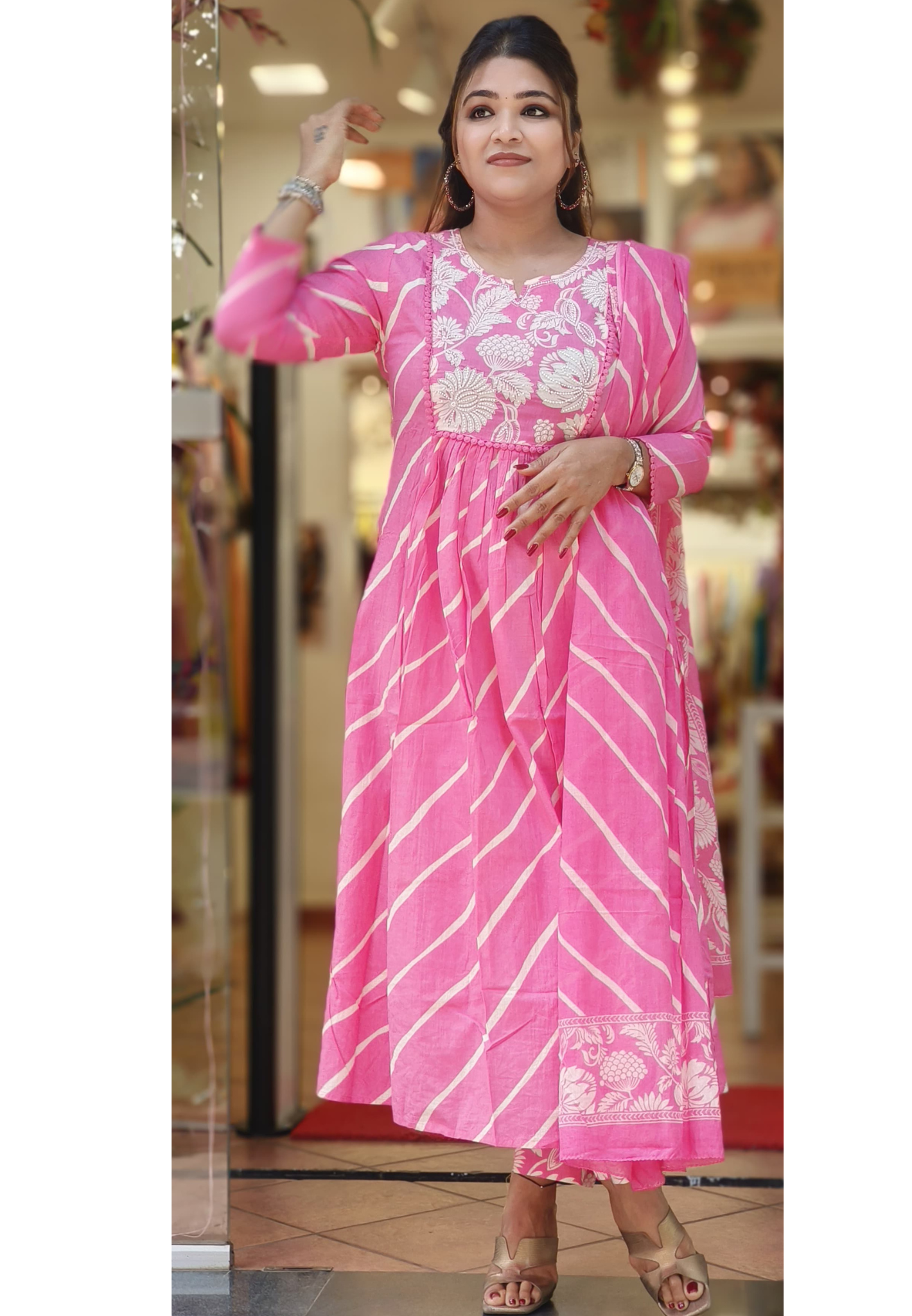 Floral Yoke A-Line Full Suit Set With Dupatta In Cotton Fabric
