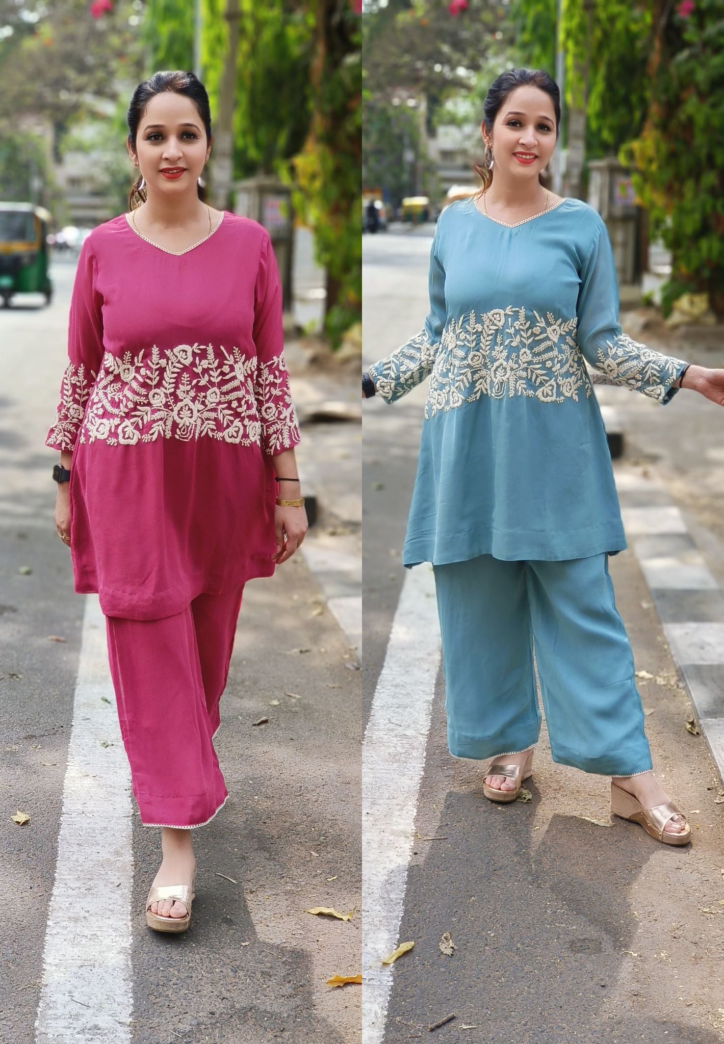 Beautiful thread embroidered georgette Indo-western kurtaand palazoo pant  DRY WASH ONLY-04737