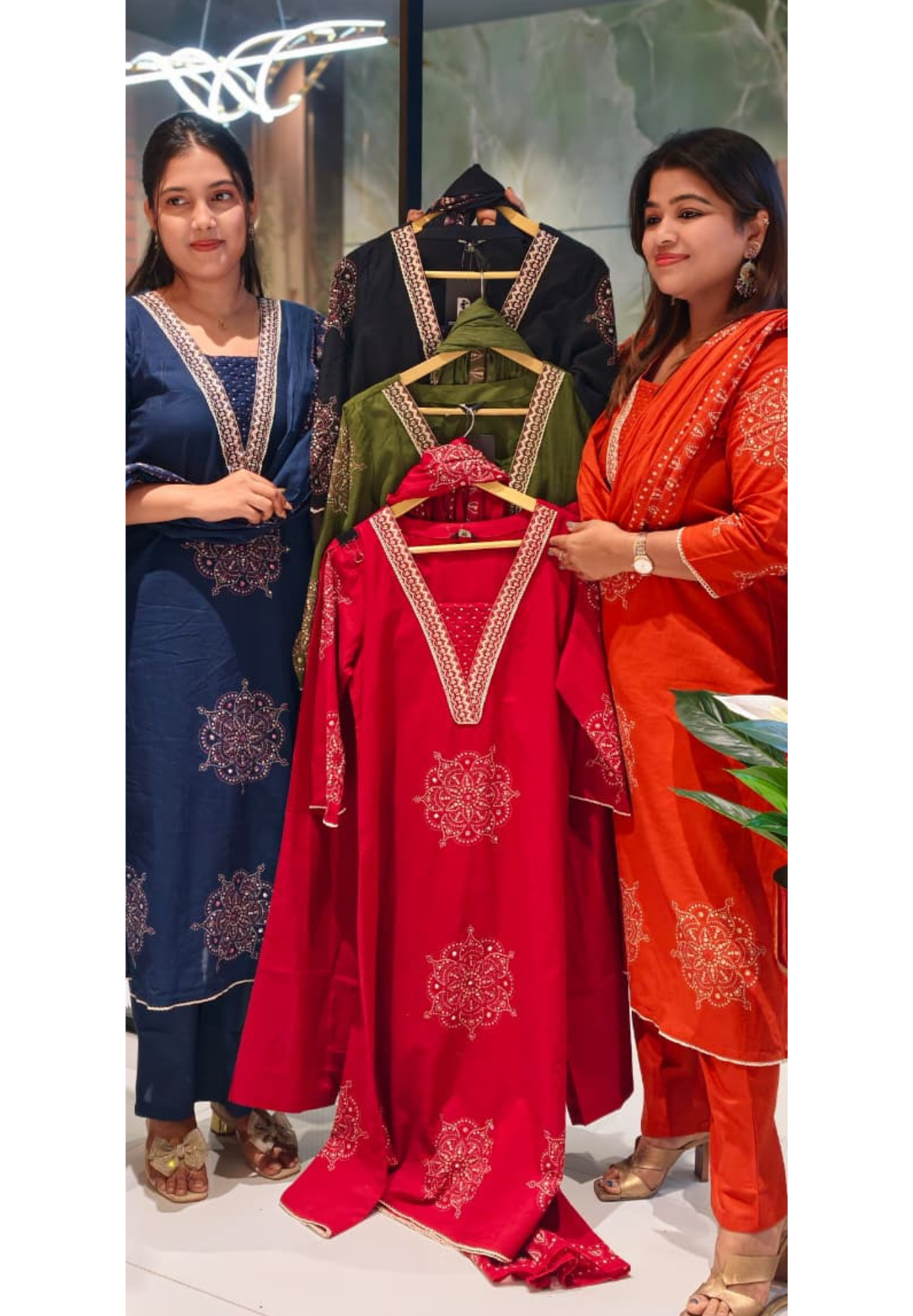 Printed Bandhej Charm With Embroidered Glass Neck Full Suit Set With Dupatta In Cotton Fabric- 13713