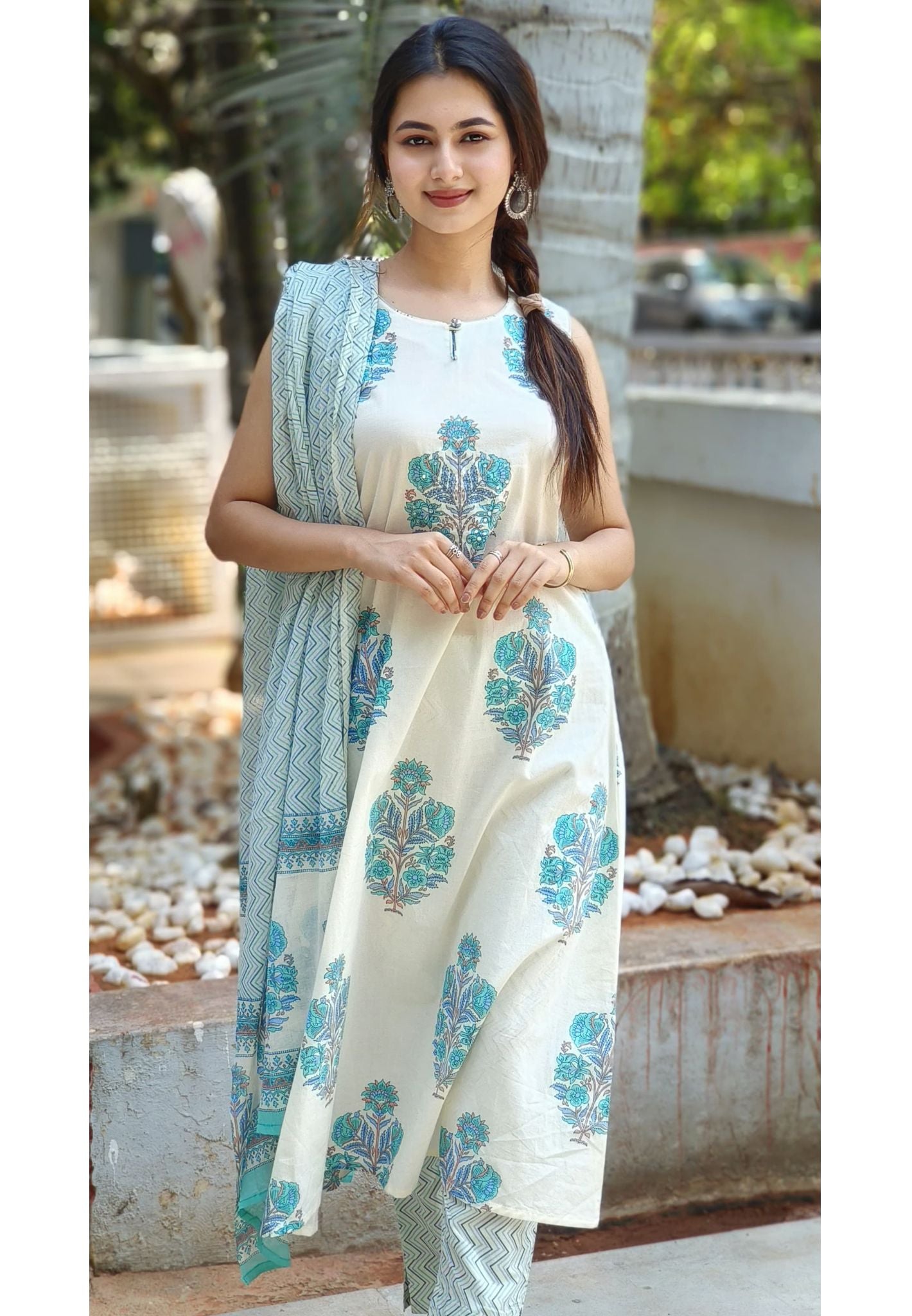 Sleeveless Cotton  Floral Cotton Summer Full Suit Set of 3-04576 sleeves attached