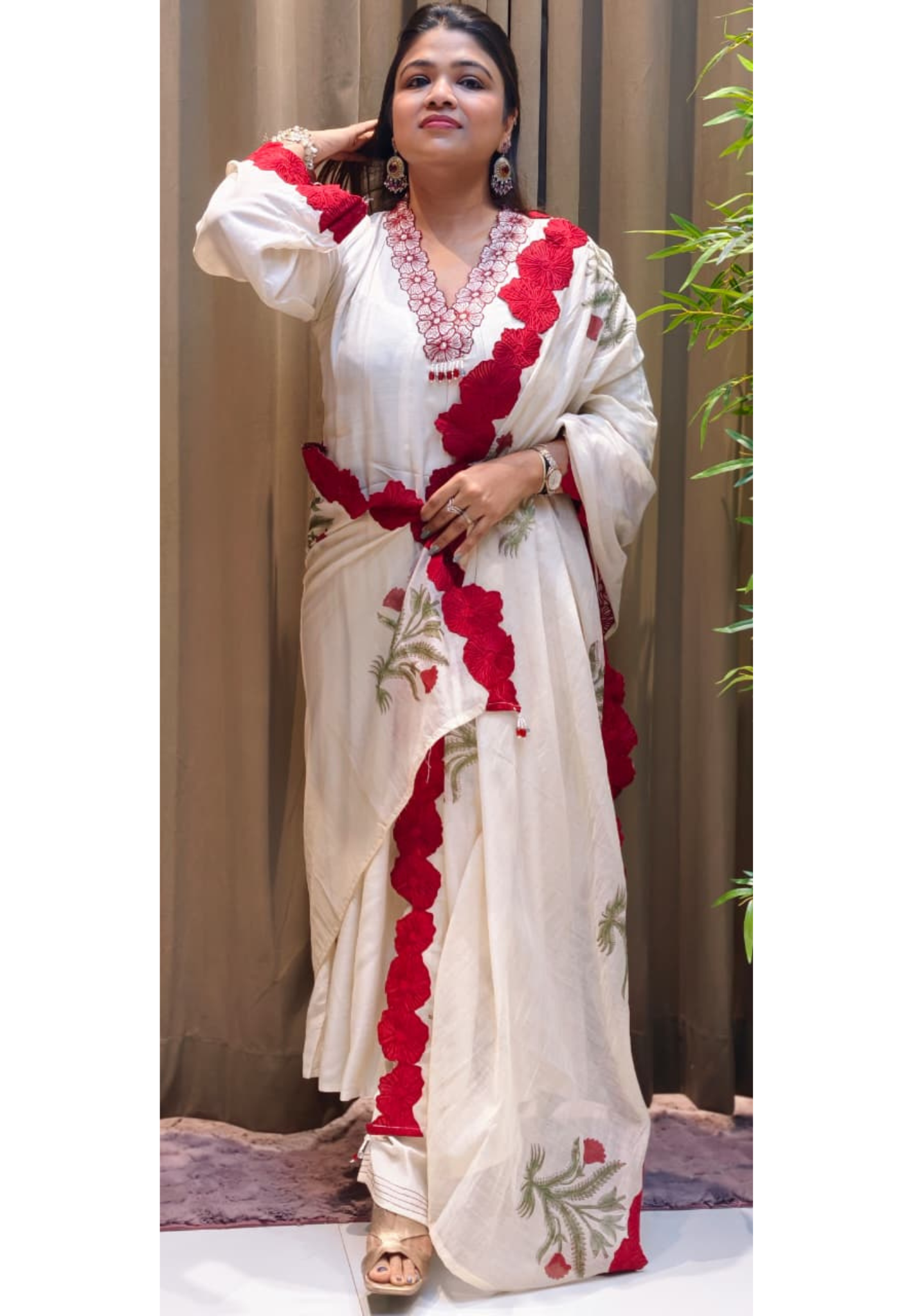 Floral Applique Cut-Work In Neck Line & Sleeves Panel Anarkali Full Suit Set With Dupatta In Mul-Chanderi Fabric- 13736 (Loose Fit)