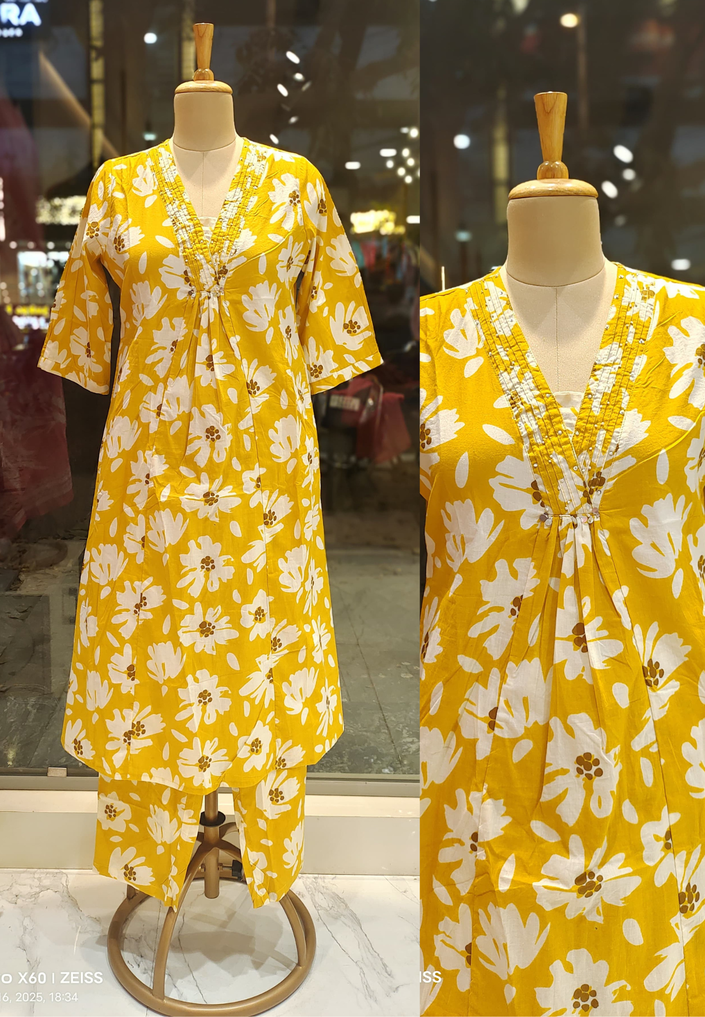 Beautiful Floral Print Yellow Cotton V neck Kurta with Pant-08505