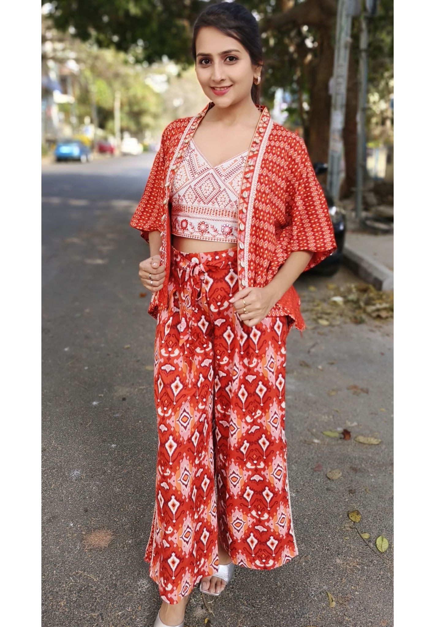 Cotton Printed crop top with palazzo pant and shrug  Set of 3 -04199}