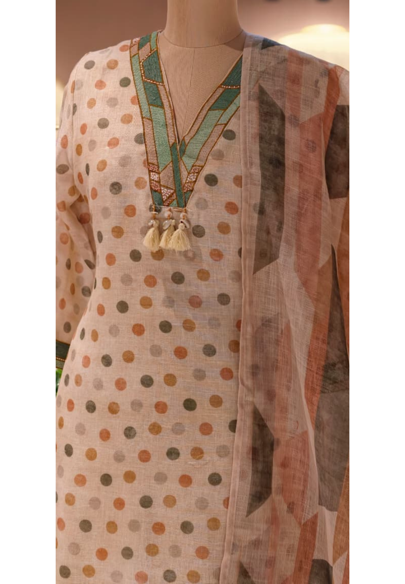 Polka Inspired Dotted Kodi Tassel V-Neck Full Suit Set With Dupatta In Checks Cotton Fabric- 13728