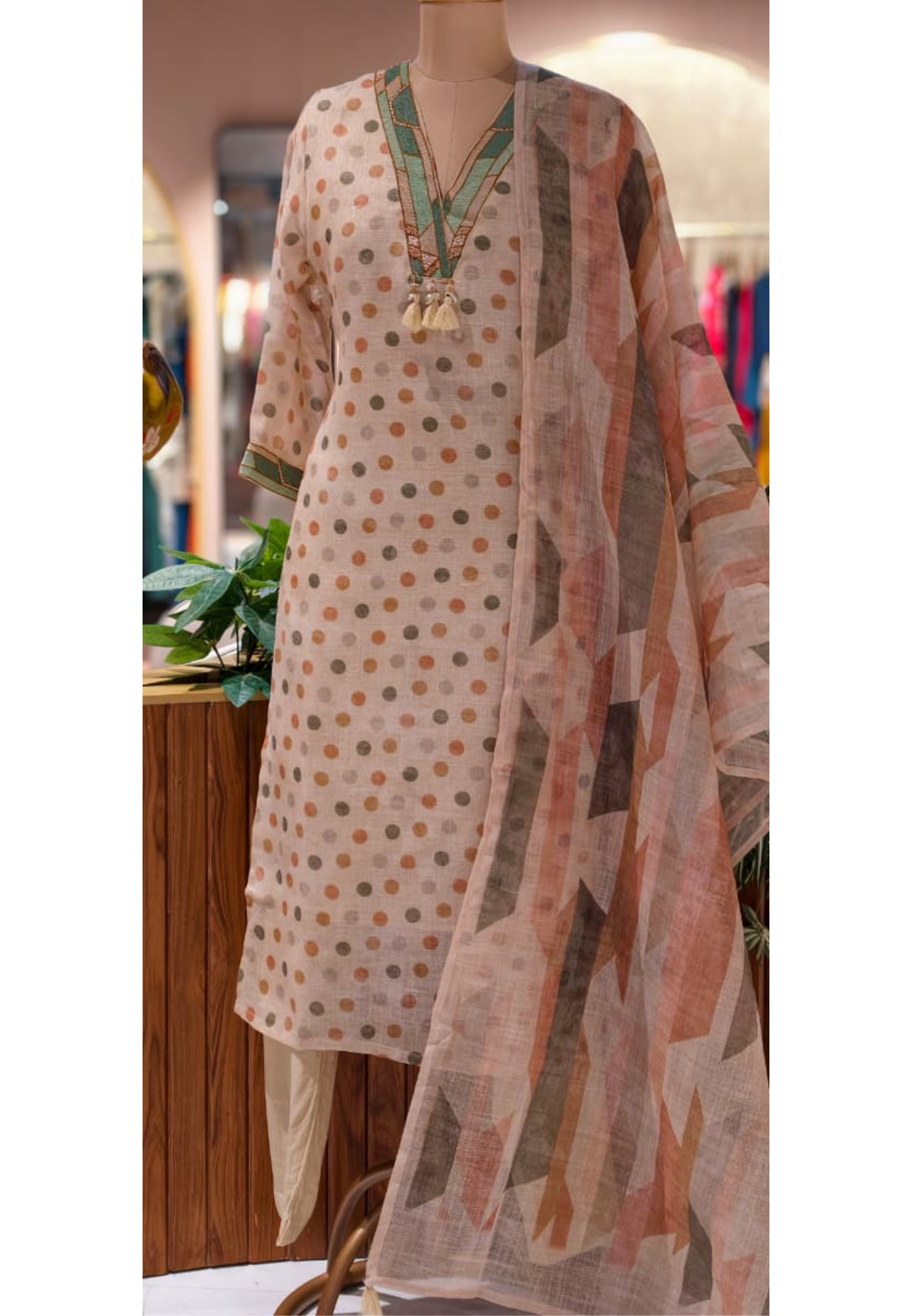 Polka Inspired Dotted Kodi Tassel V-Neck Full Suit Set With Dupatta In Checks Cotton Fabric- 13728