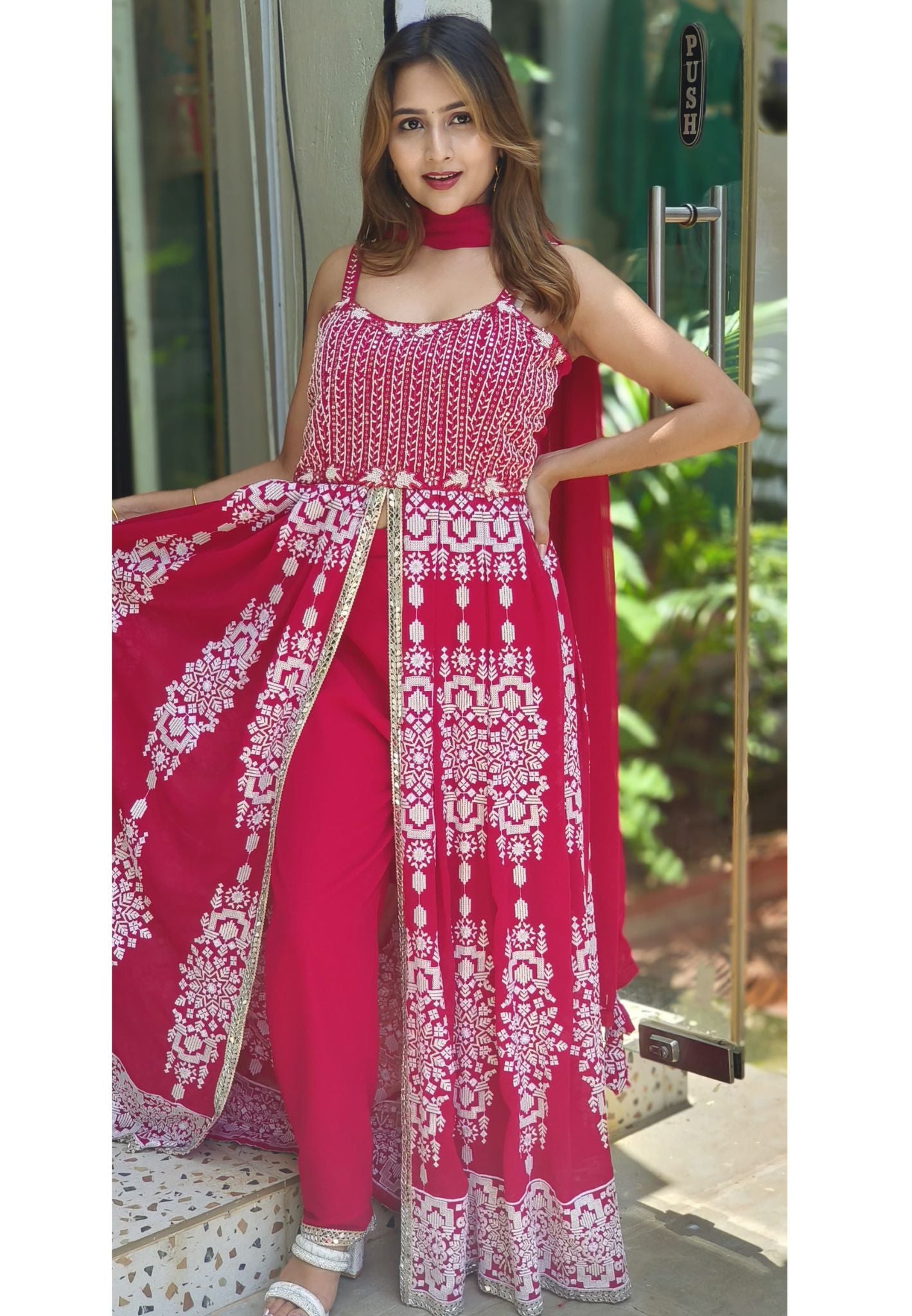 Stylish georgette thread embroidery front slit kurta with pant set and dupatta Sleeveless DRY WASH -03088