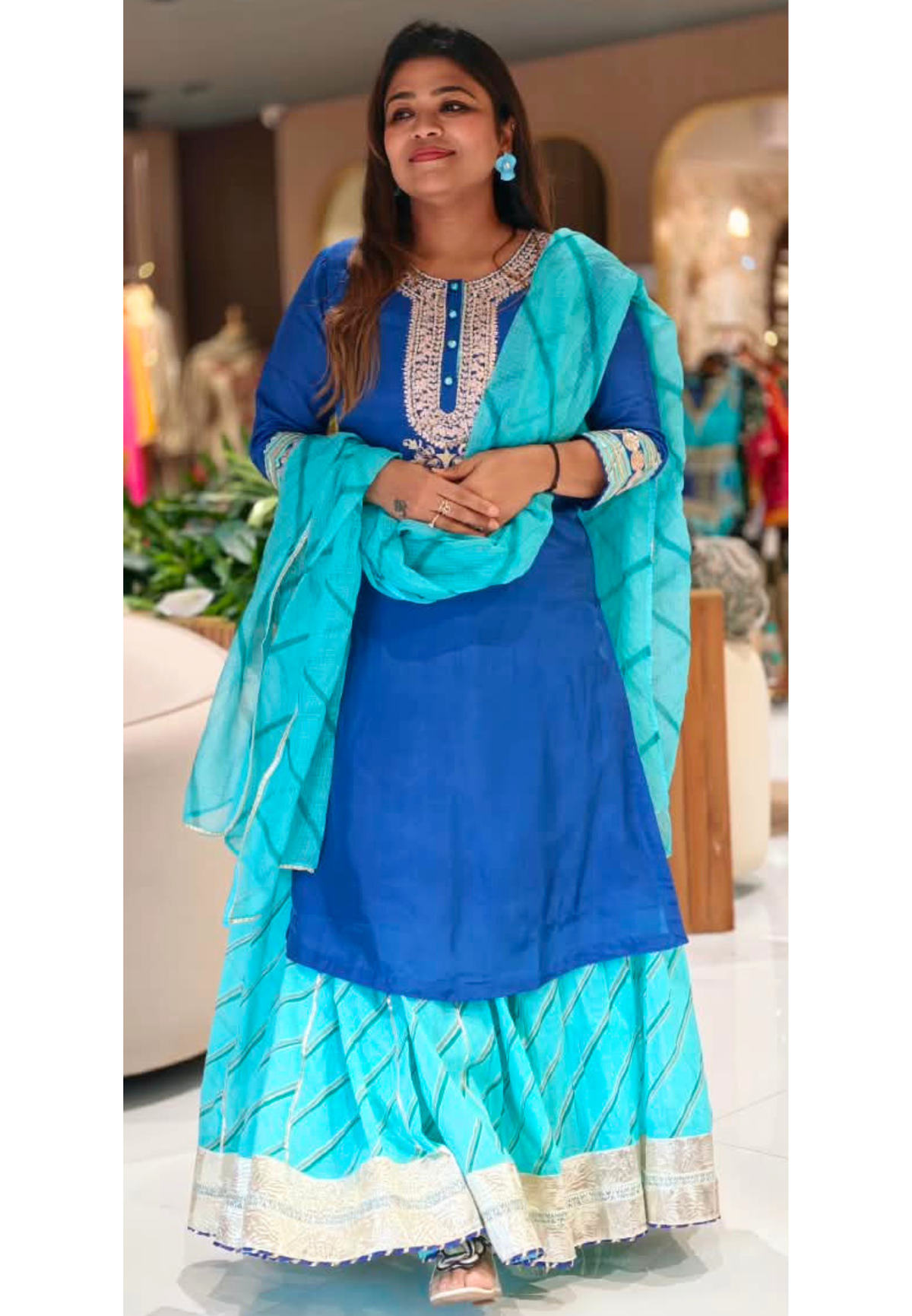 Dual Blue Shade With Rich Golden Embroidery Russian Silk Kurta Set With Kota Doria Leheriya Skirt Bottom & Dupatta- 16754