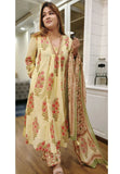 Yellow Block print Cotton Anarkali full suit with flower dupatta DRY WASH-04177