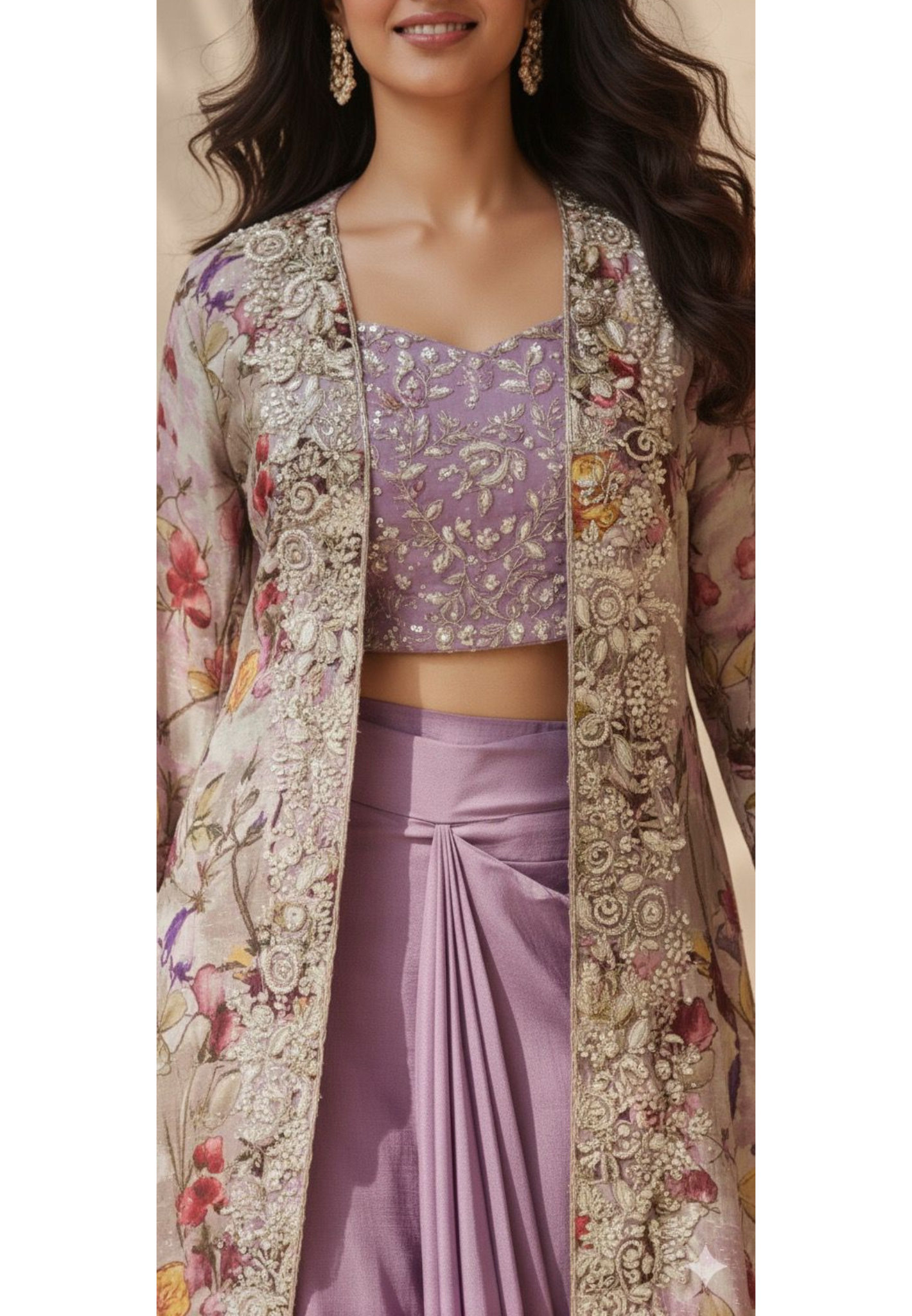 Heavy Handworked Digital Floral Print Shrug With Buster & Plain Drape Skirt- 11752, 11750