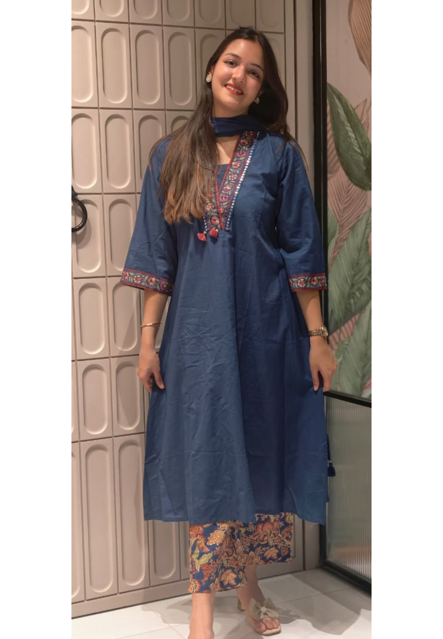 A-Line Solid Bordered Kurta & Dupatta With Printed Bottom In Cotton Fabric- 13547
