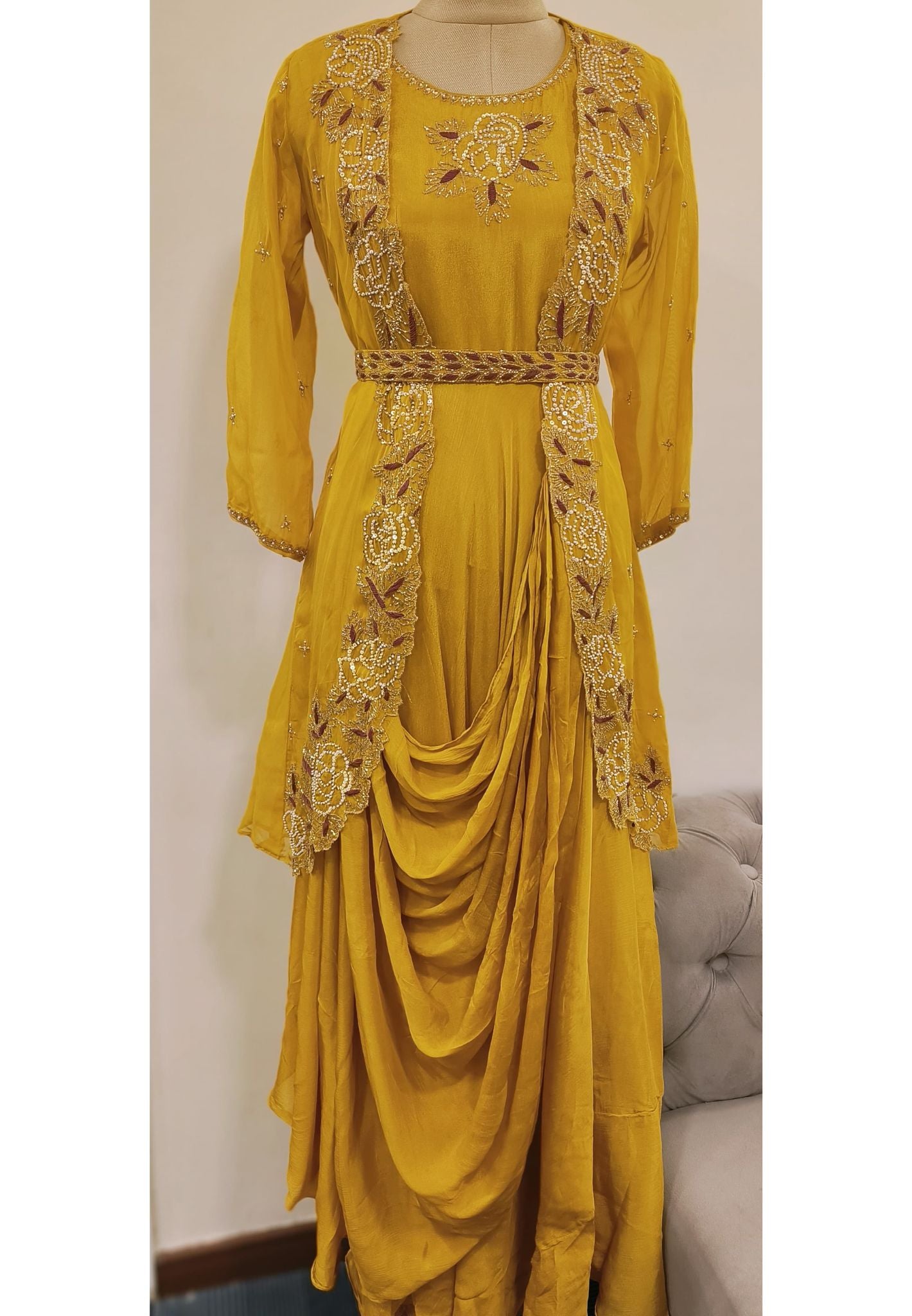Party wear stylish drape style beautiful gown with cut dana embroidery jacket and belt DRY WASH ONLY-