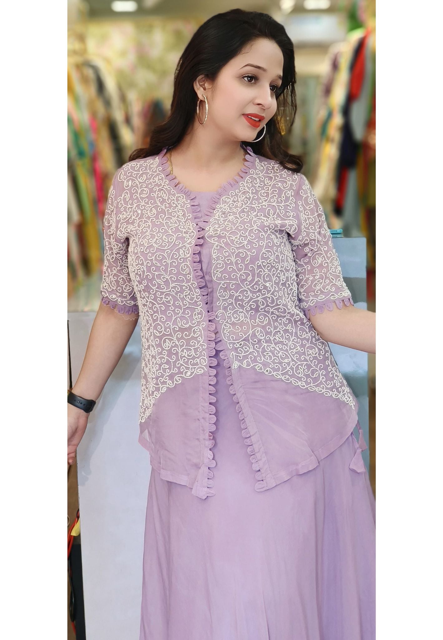 Stylish party wear Pearl embroidered crop top with palazoo and Pearl embroidered jacket DRYWASH-04738