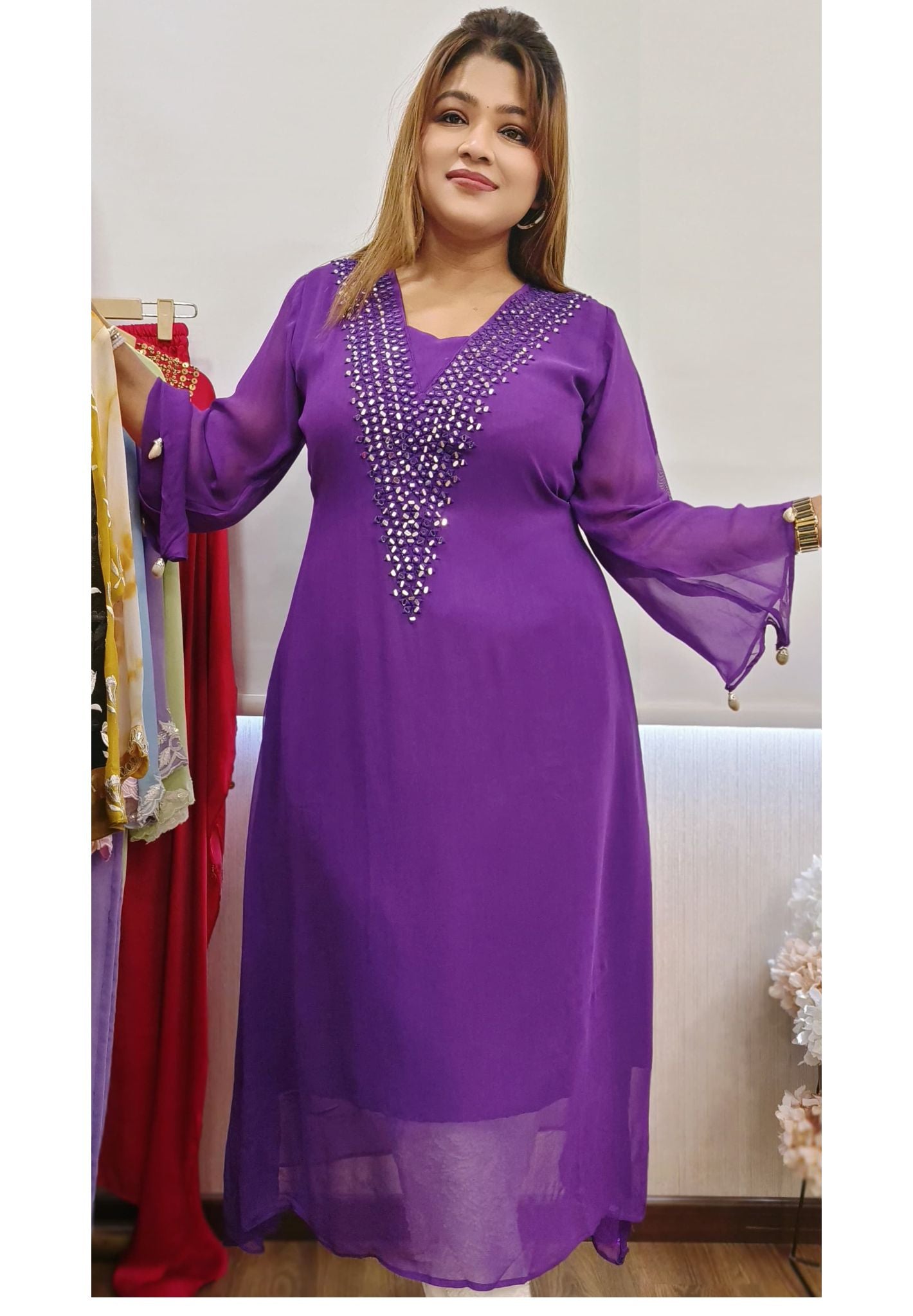 Solid colour Real mirror georgette up and down only kurta-} Dispatching after 20 days