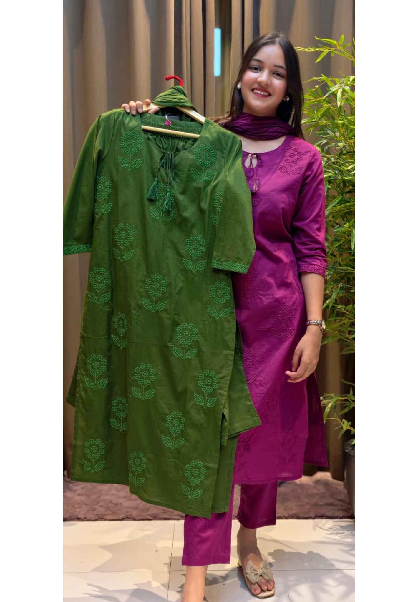 Floral Thread Embroidered Solid Smart Look Cotton Full Suit Set With Dupatta- 13455