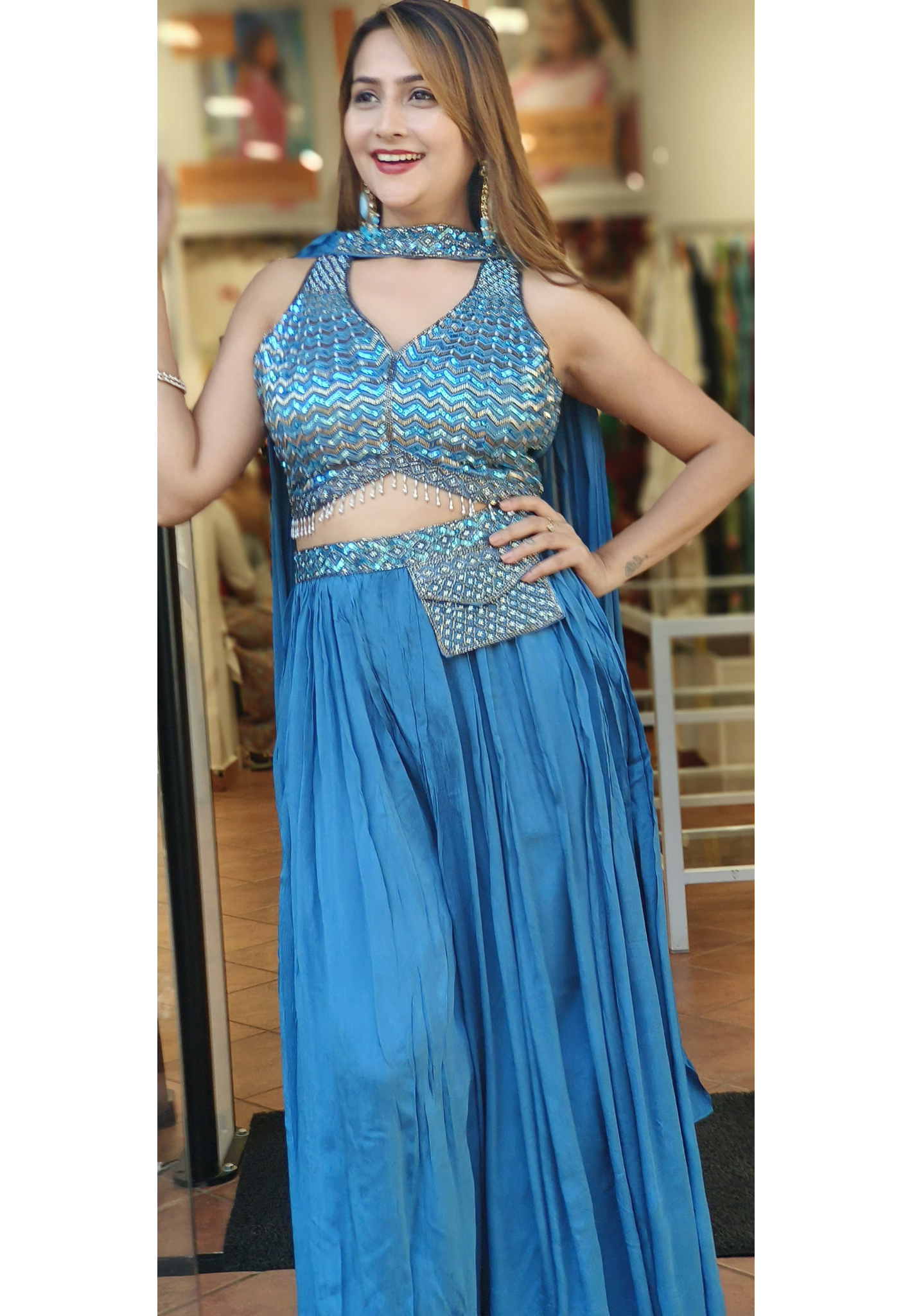 Real mirror Embroidered Crop Top With Chinnon Skirt chokar Dupatta-04855