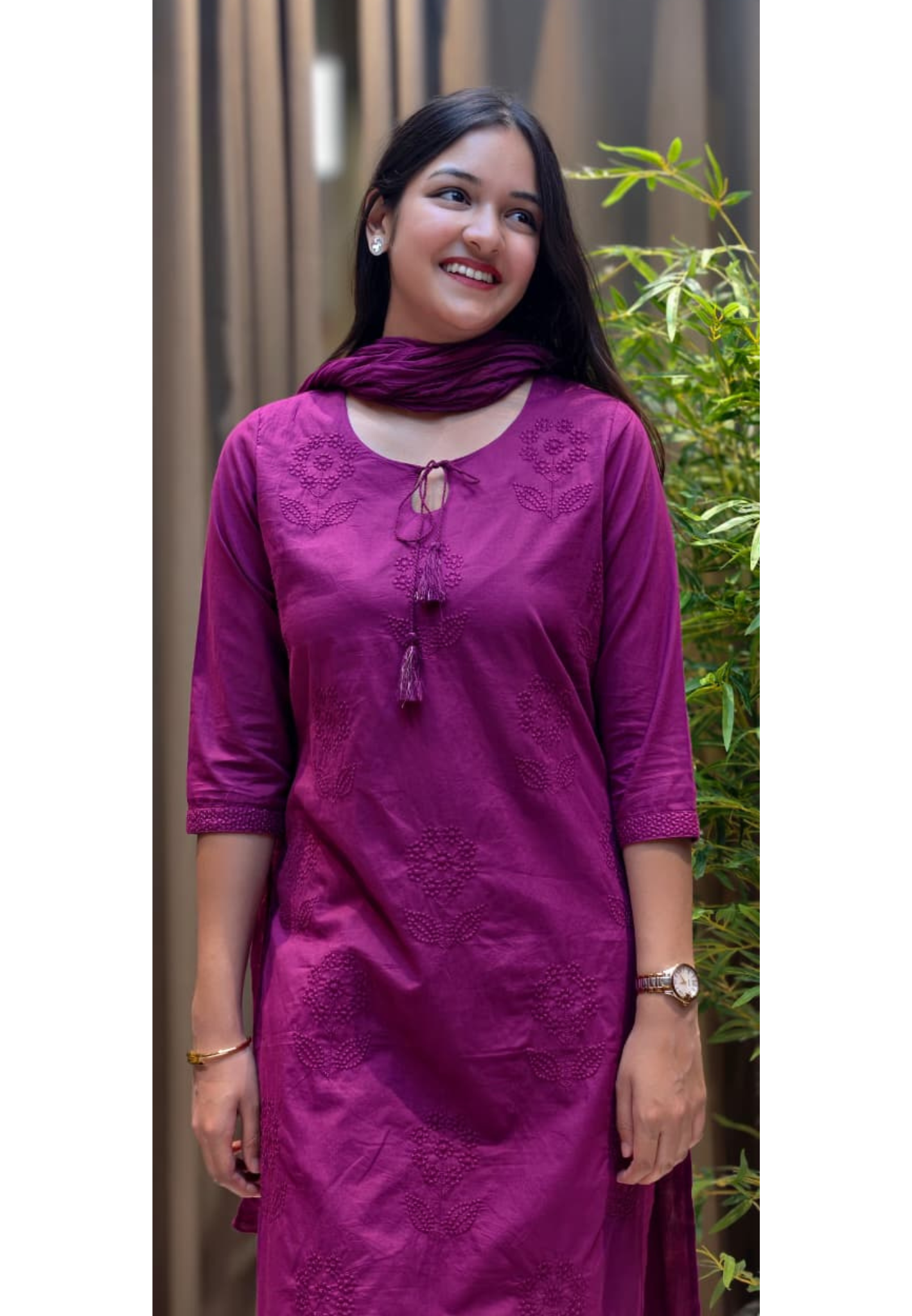 Floral Thread Embroidered Solid Smart Look Cotton Full Suit Set With Dupatta- 13455