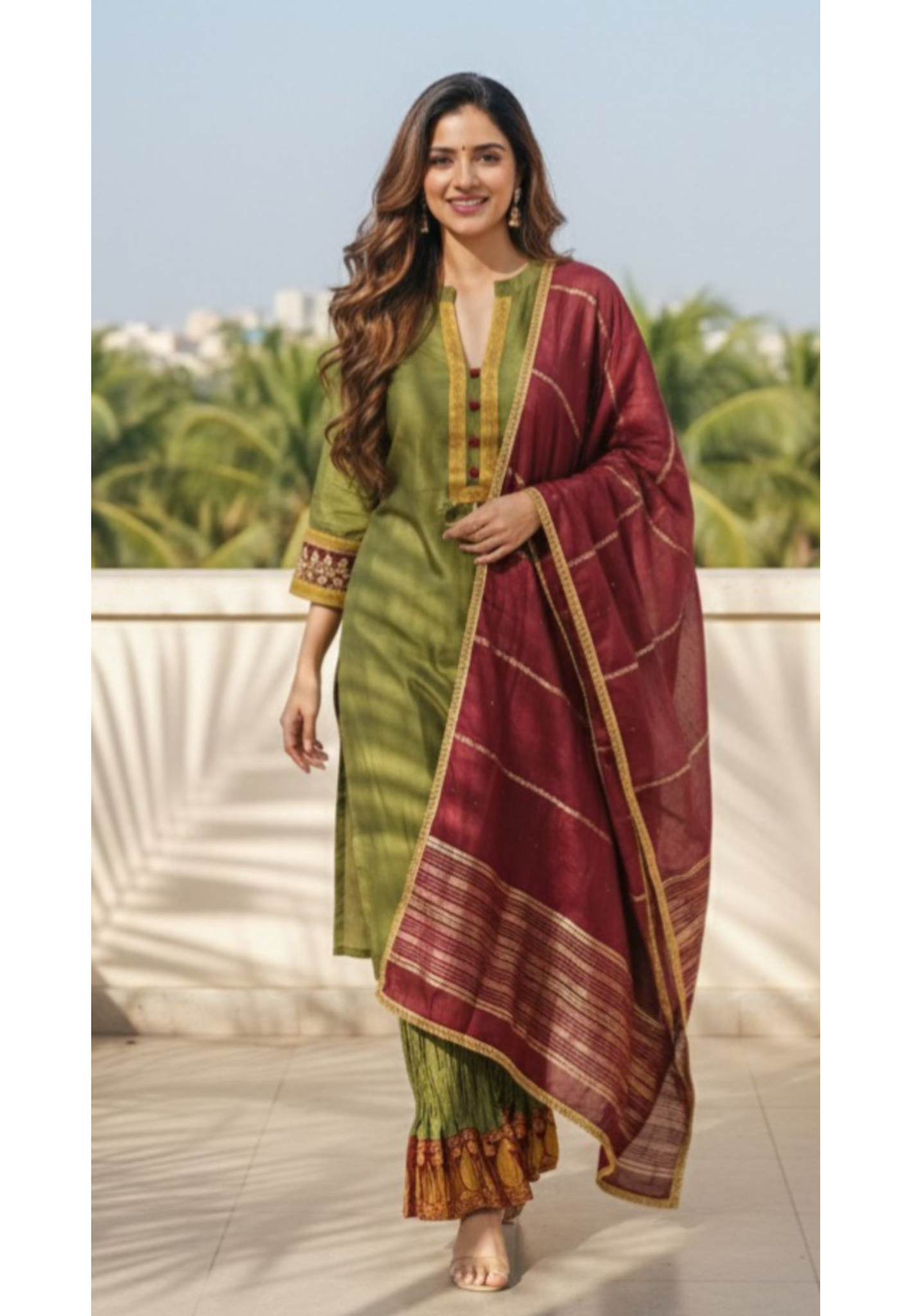 Banarasi Touch Mandarin Collared Full Suit Set With Dupatta & Crush Bottom-11717