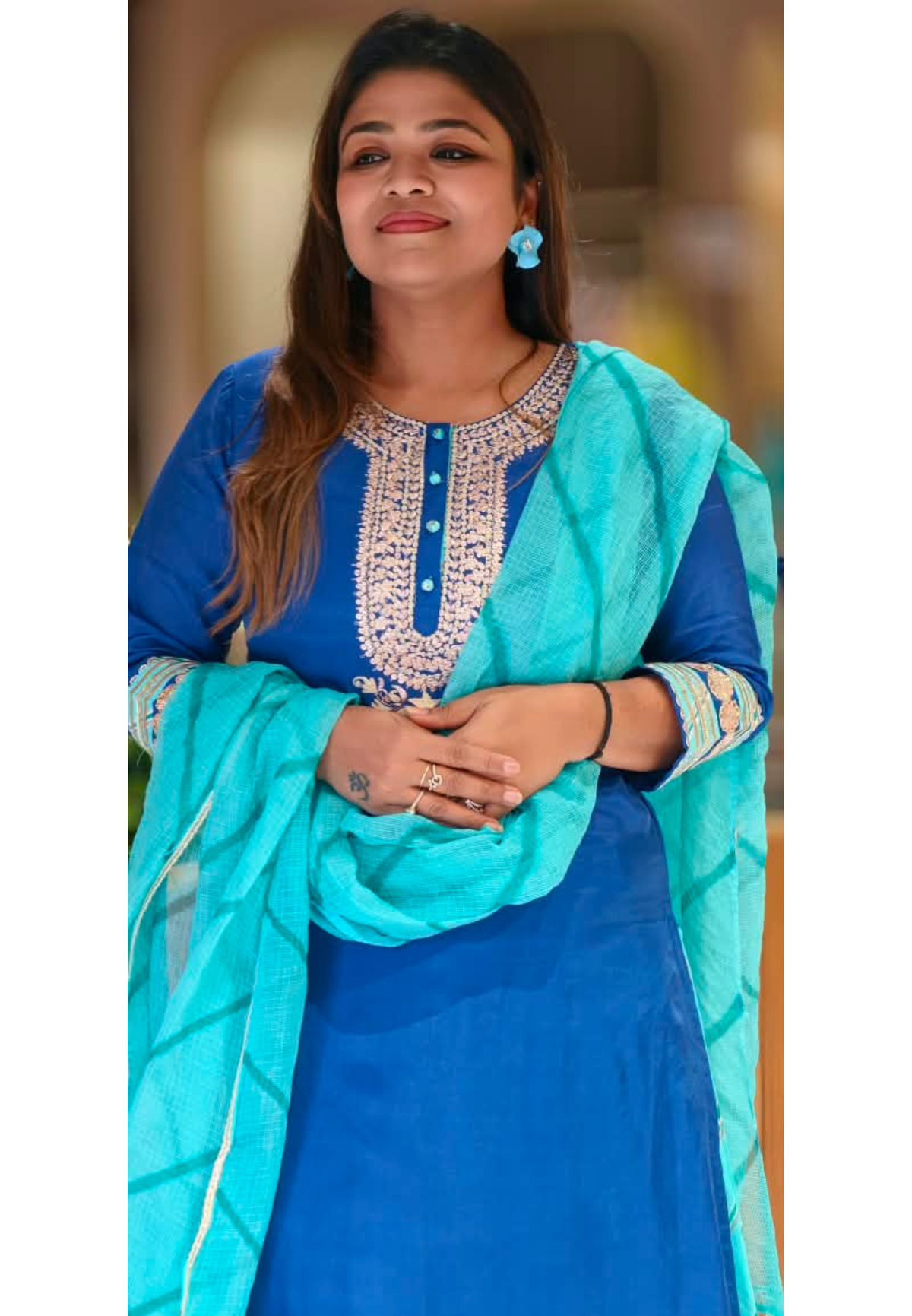 Dual Blue Shade With Rich Golden Embroidery Russian Silk Kurta Set With Kota Doria Leheriya Skirt Bottom & Dupatta- 16754