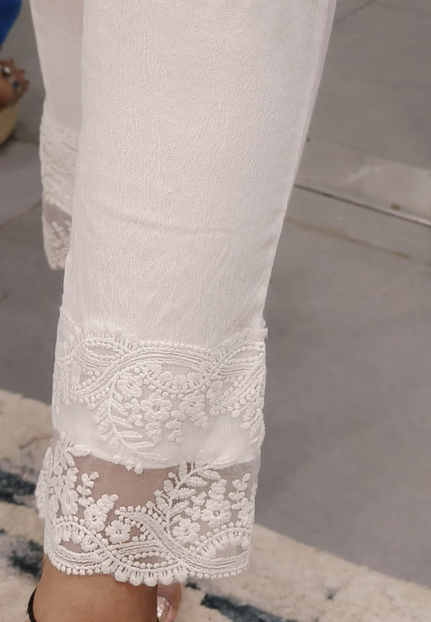 Streachable White Pant with Organce Lace Border