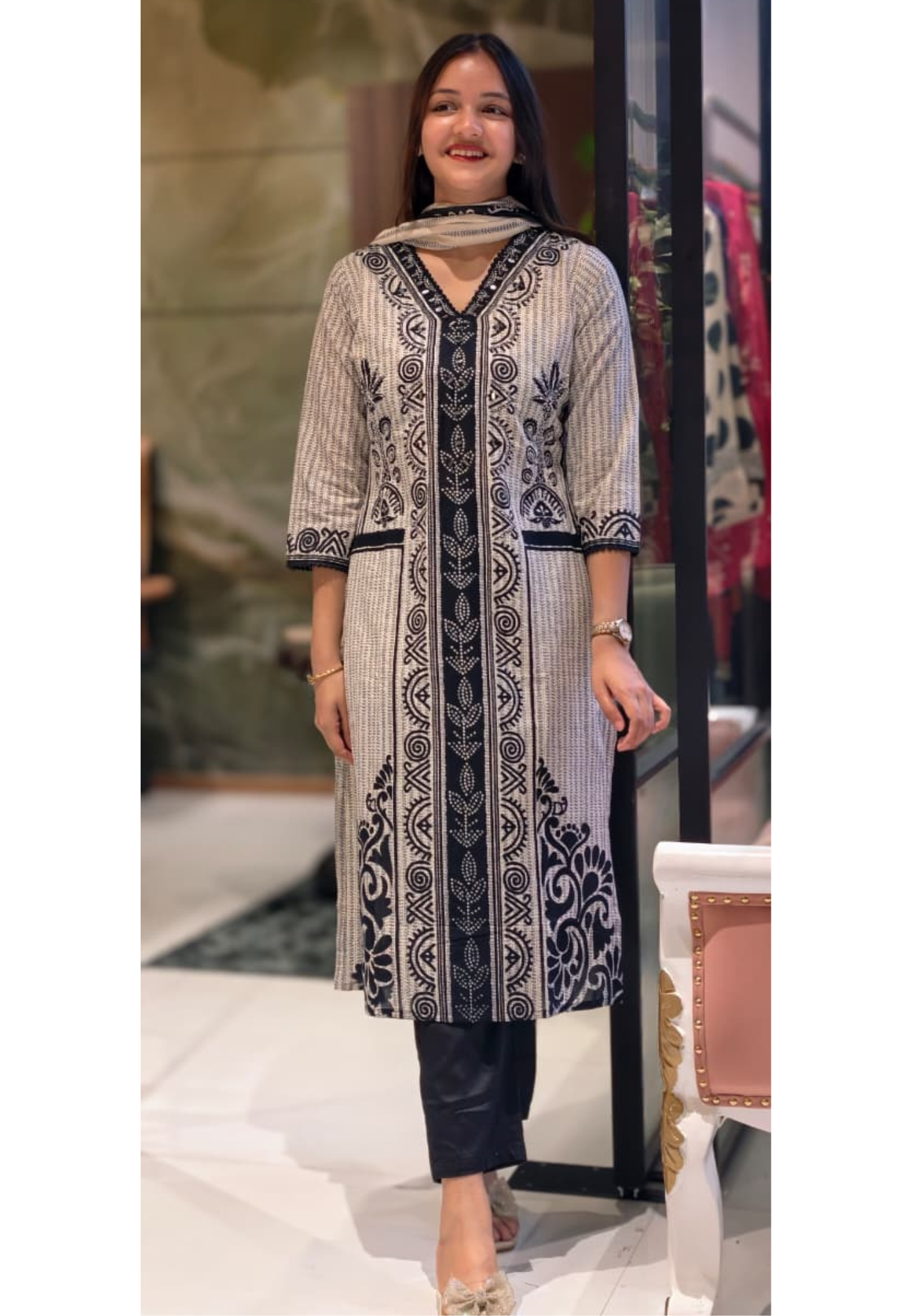 Bold Look Placement Print Straight Cotton Full Suit Set With Dupatta- 13513