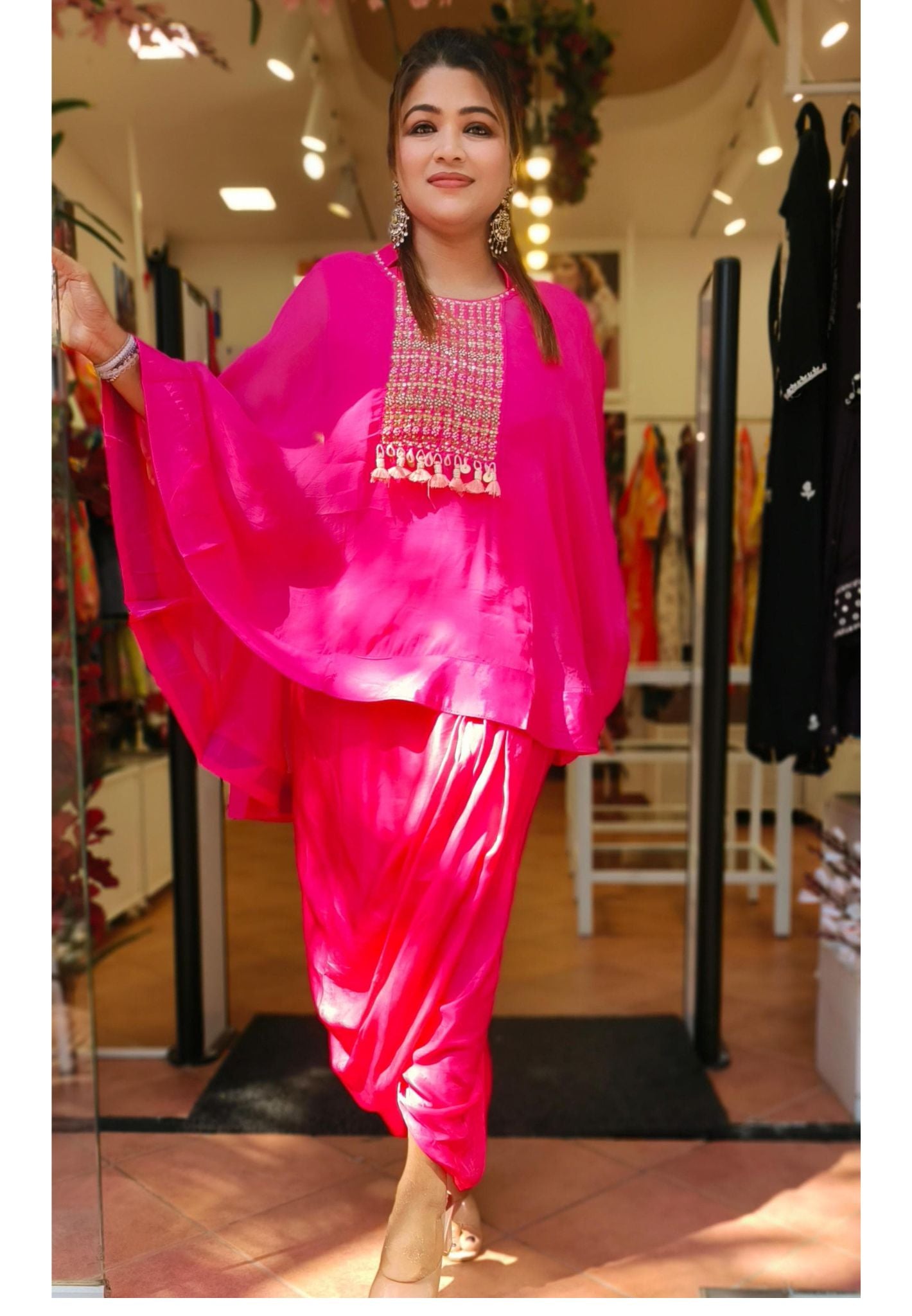 Stylish Pink Short Inner with Embroidered Cape Top with Dhoti  (Set of 2) Drywash-04304