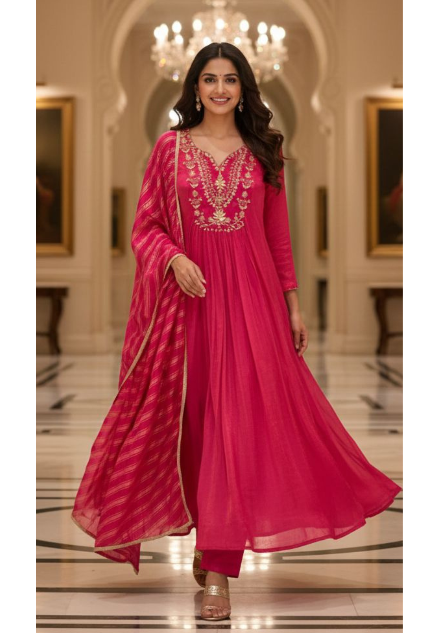 Vibrant Gulabi Blush Crush Look A-Line Full Suit Set With Dupatta In Tissue Fabric-12996