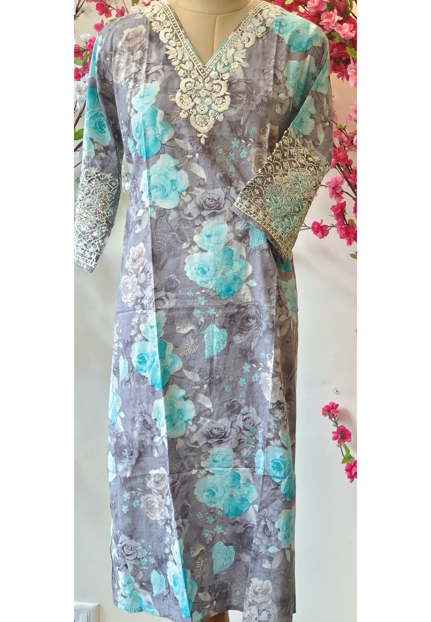 Cotton V-neck Thread Embroidered floral Only Kurti -04710