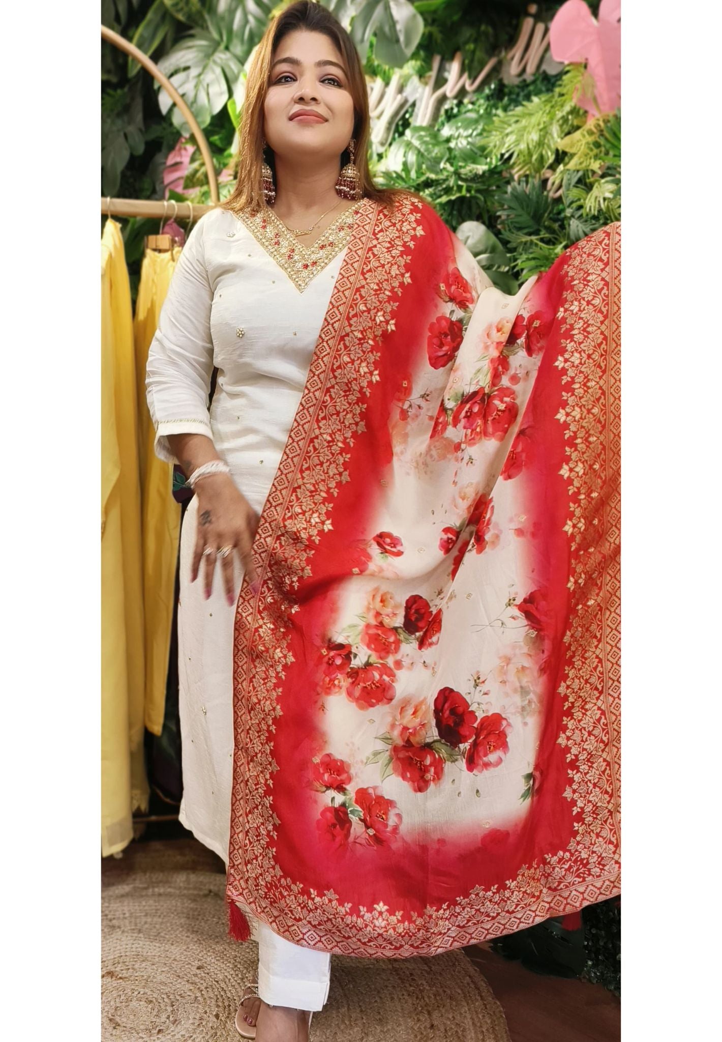 Elegant White embroidered  full suit set with Beautiful Floral Banarasi dupatta 04834