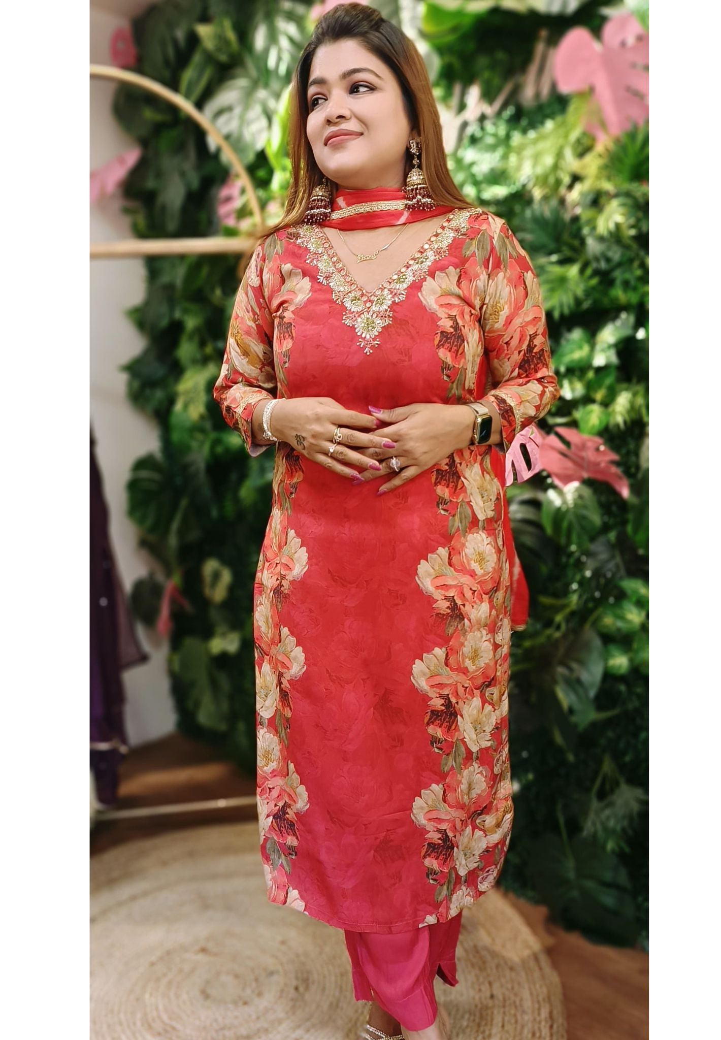 Floral Zardosi embroidered  full suit set with Chiffon Lehriya dupatta 04914