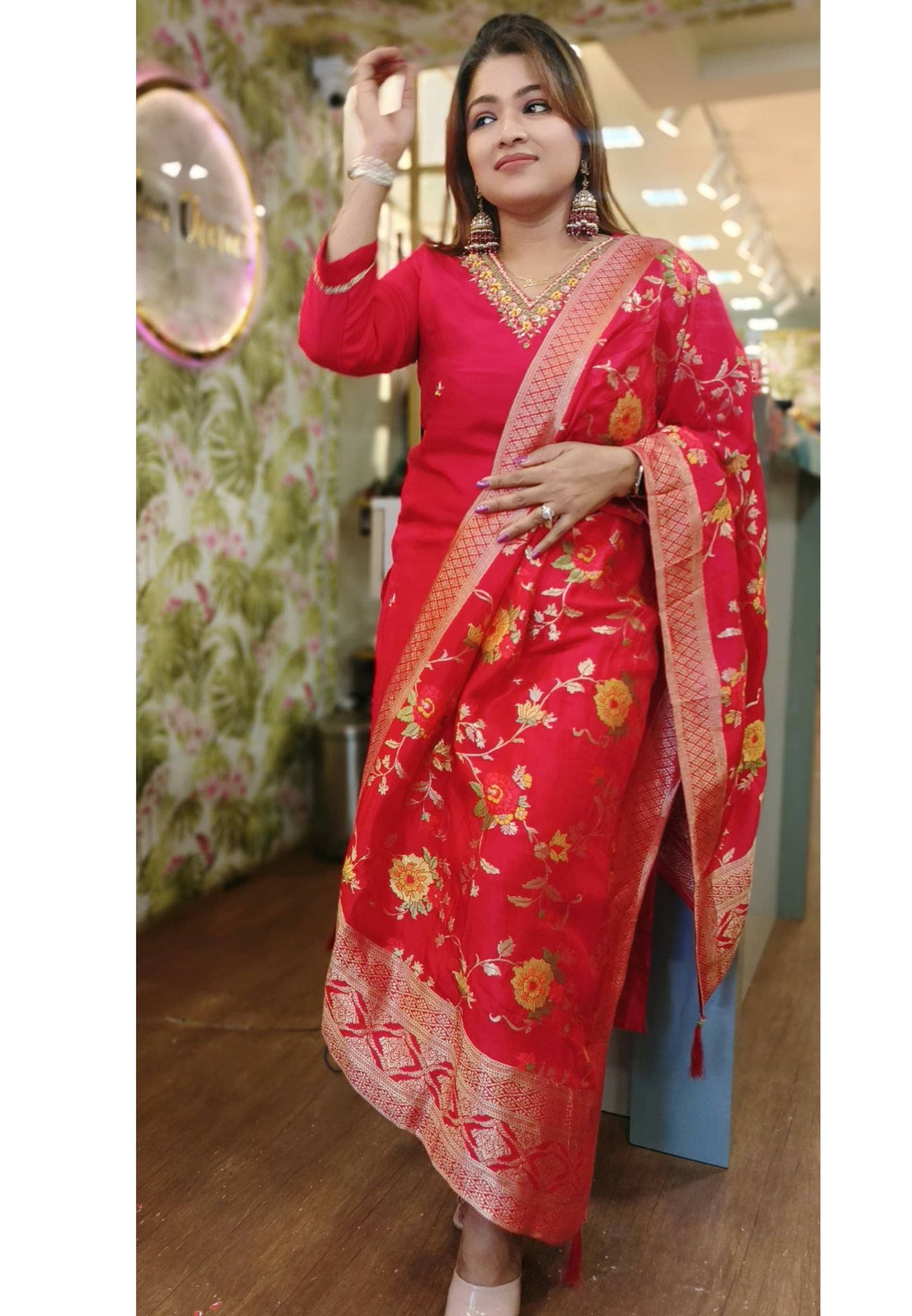 Embroidered V Neck Silk  Red  full suit set with Beautiful Banarasi dupatta 04922