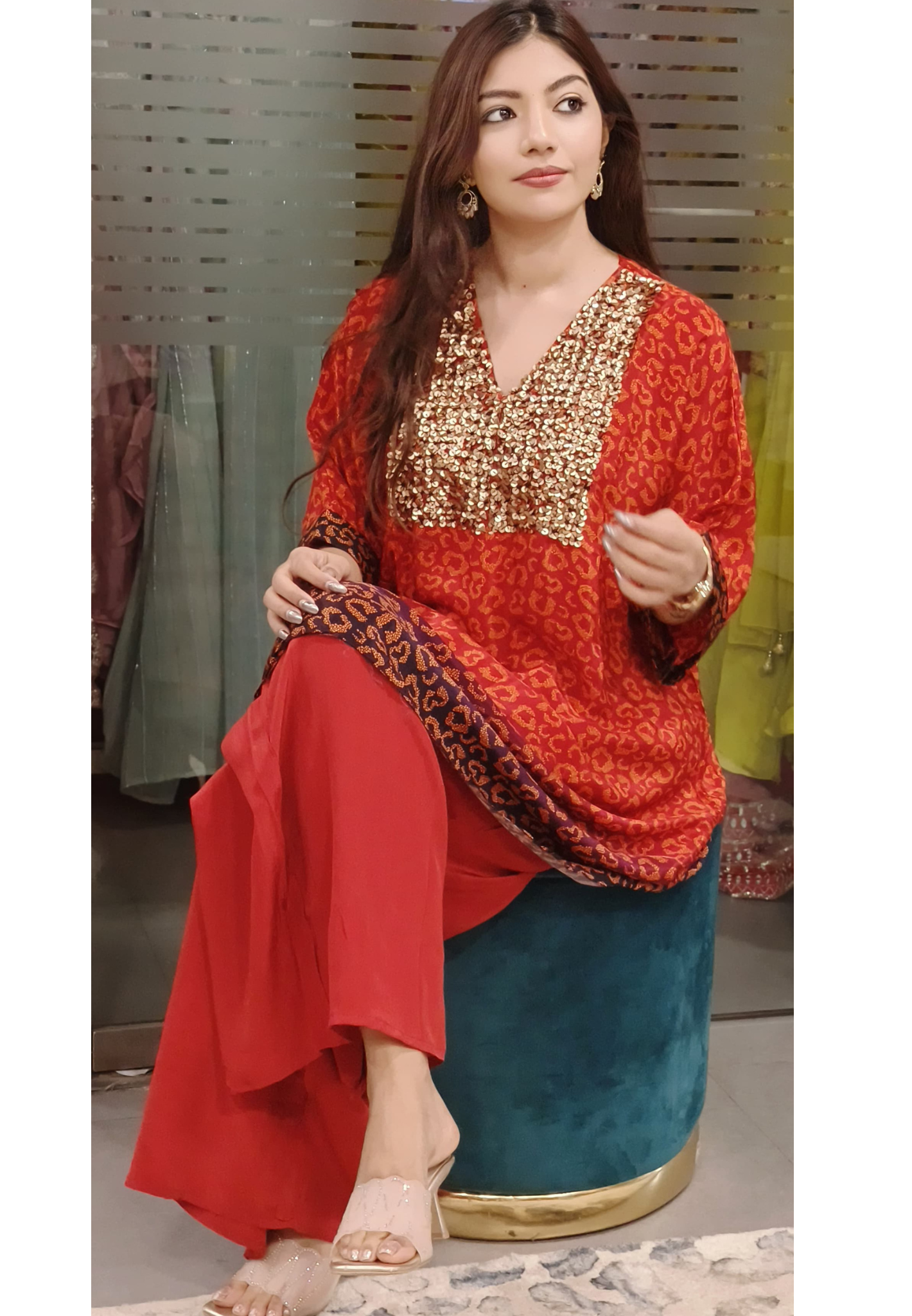Printed Embroidered Pure Crepe Kaftan With Bottom-09924