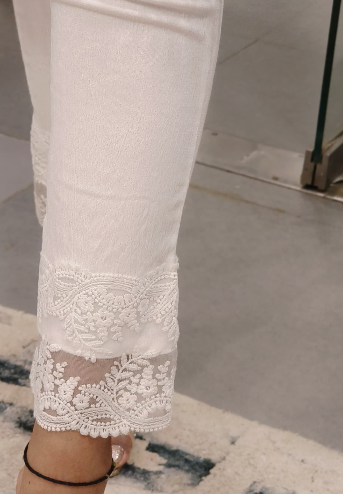 Streachable White Pant with Organce Lace Border