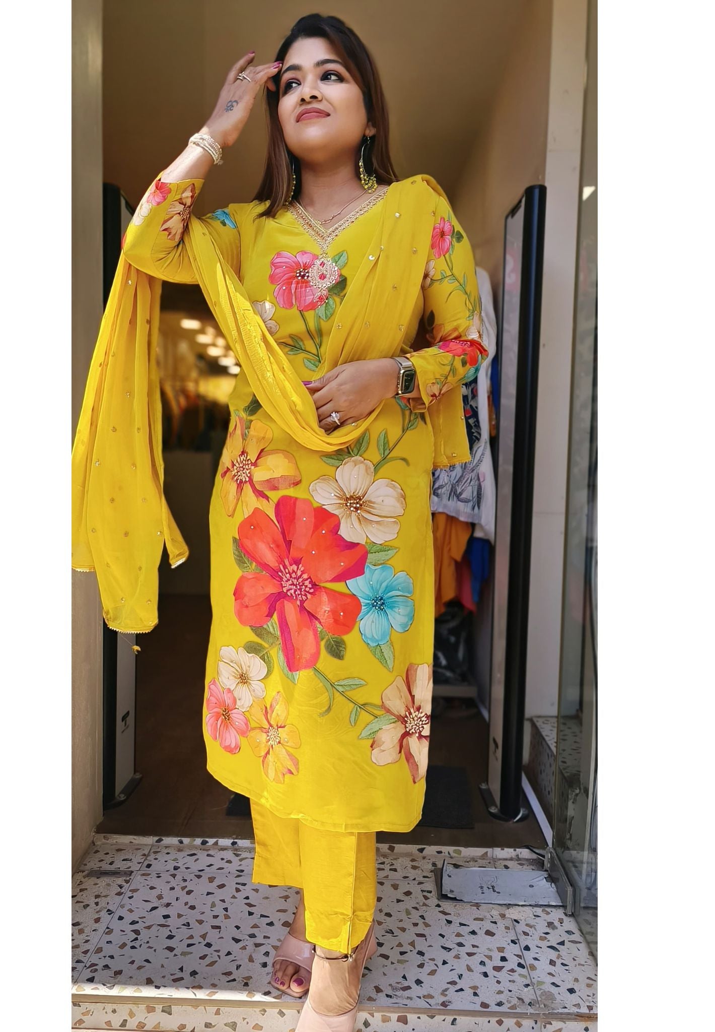 Pure crape Yellow Floral embroidered lining  full suit set with Chiffon dupatta 04920 Lean Fit