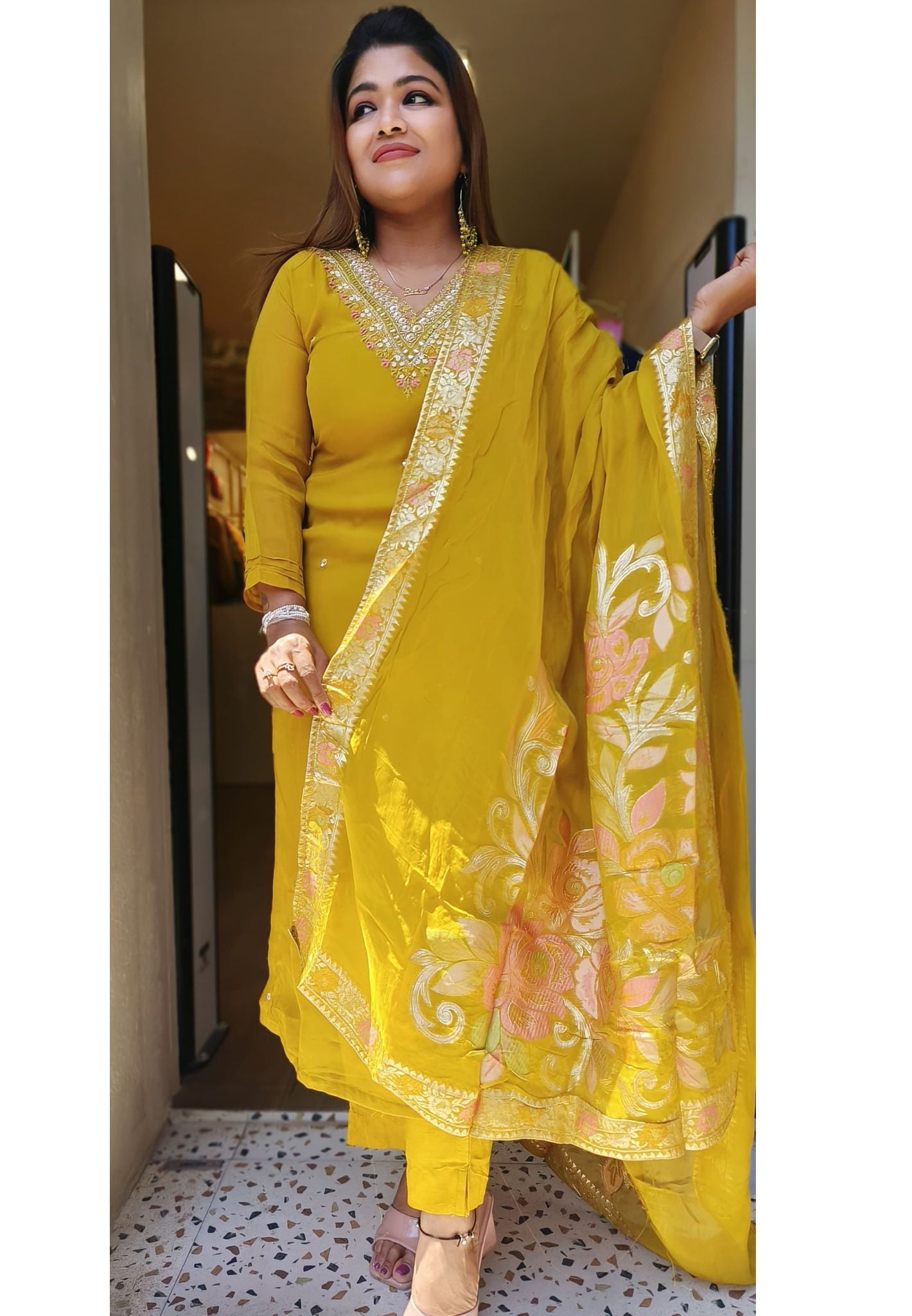 Organza V Neck embroidered yellow full suit set with dupatta