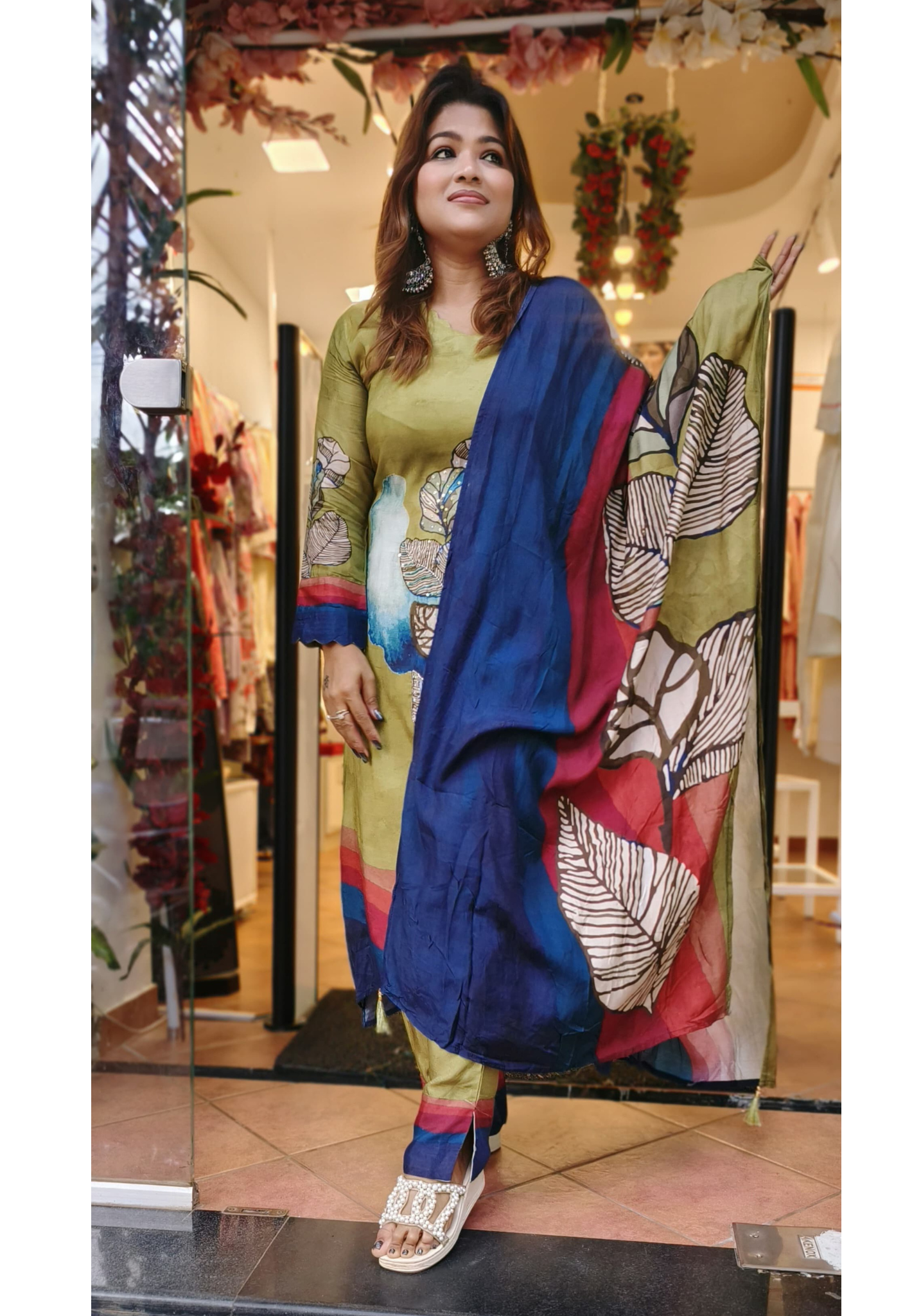 Embroidered Floral muslin Print V-neck Full Suit Set With muslin Dupatta-05813