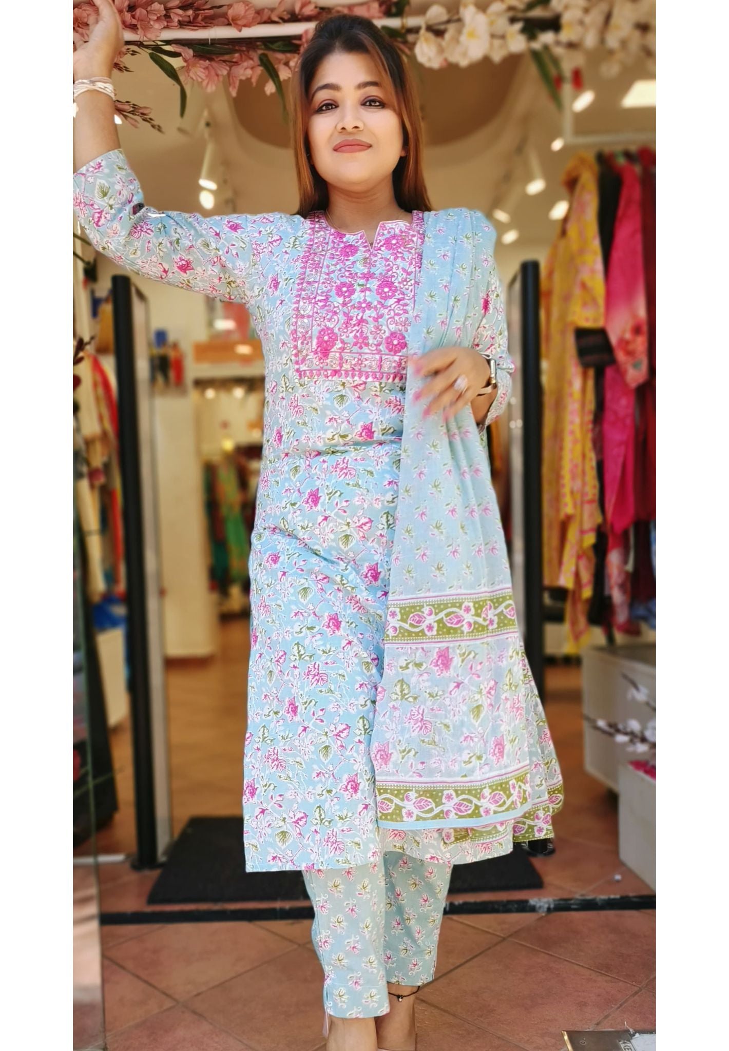 Cotton Printed Foil MirrorThread Embroidered Neck  Full Suit with Cotton Dupatta  (Dispatching Will Be From Friday)