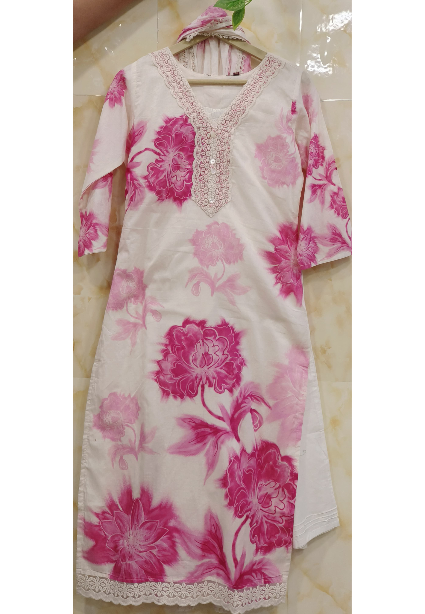 Elegant Pure Cotton White Kurta with Pink Floral Print, Embroidered Neckline, Matching Pants, and Dupatta – Perfect for Graceful Occasions