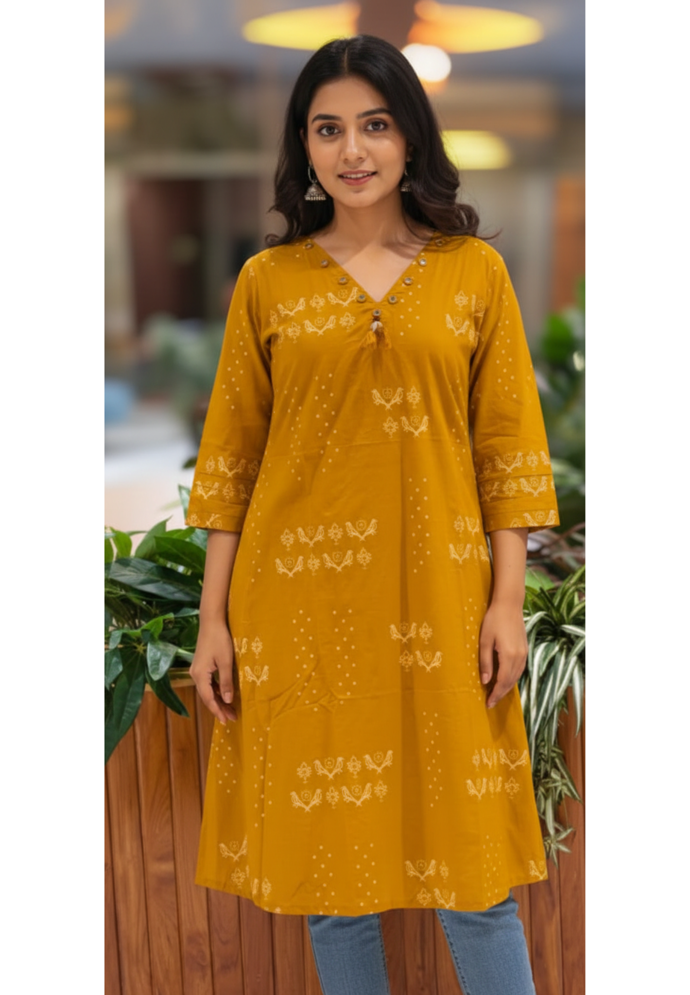 Solid Kurta With Real Mirror Neck Line Tiny Birds & Polka Print In Cotton Fabric- 13519