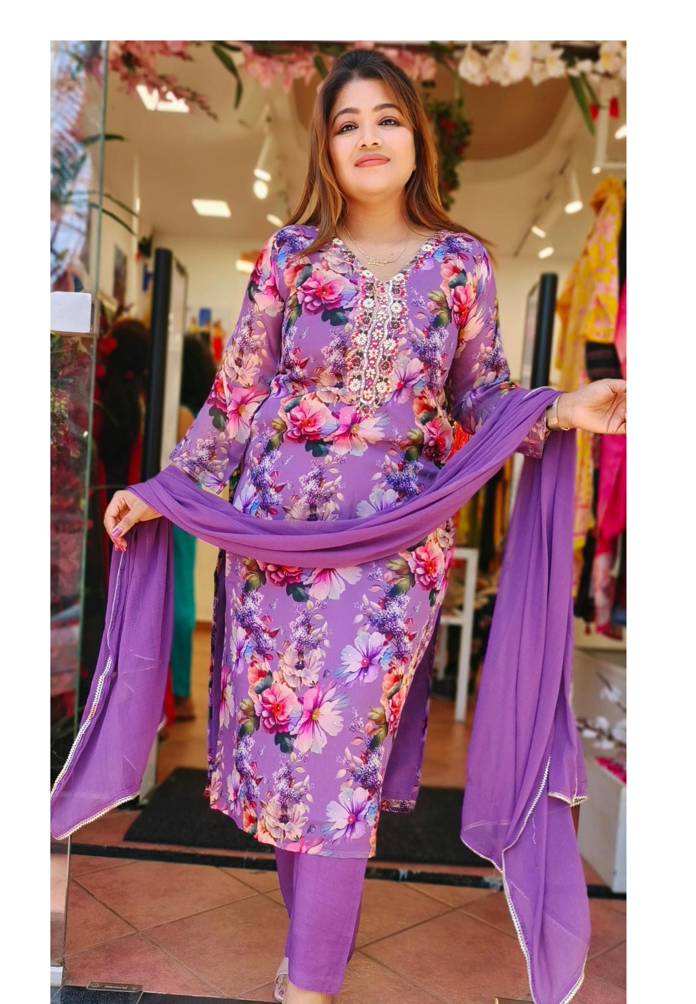 Purple Floral Organza embroidered  full suit set with Chiffon dupatta 04842