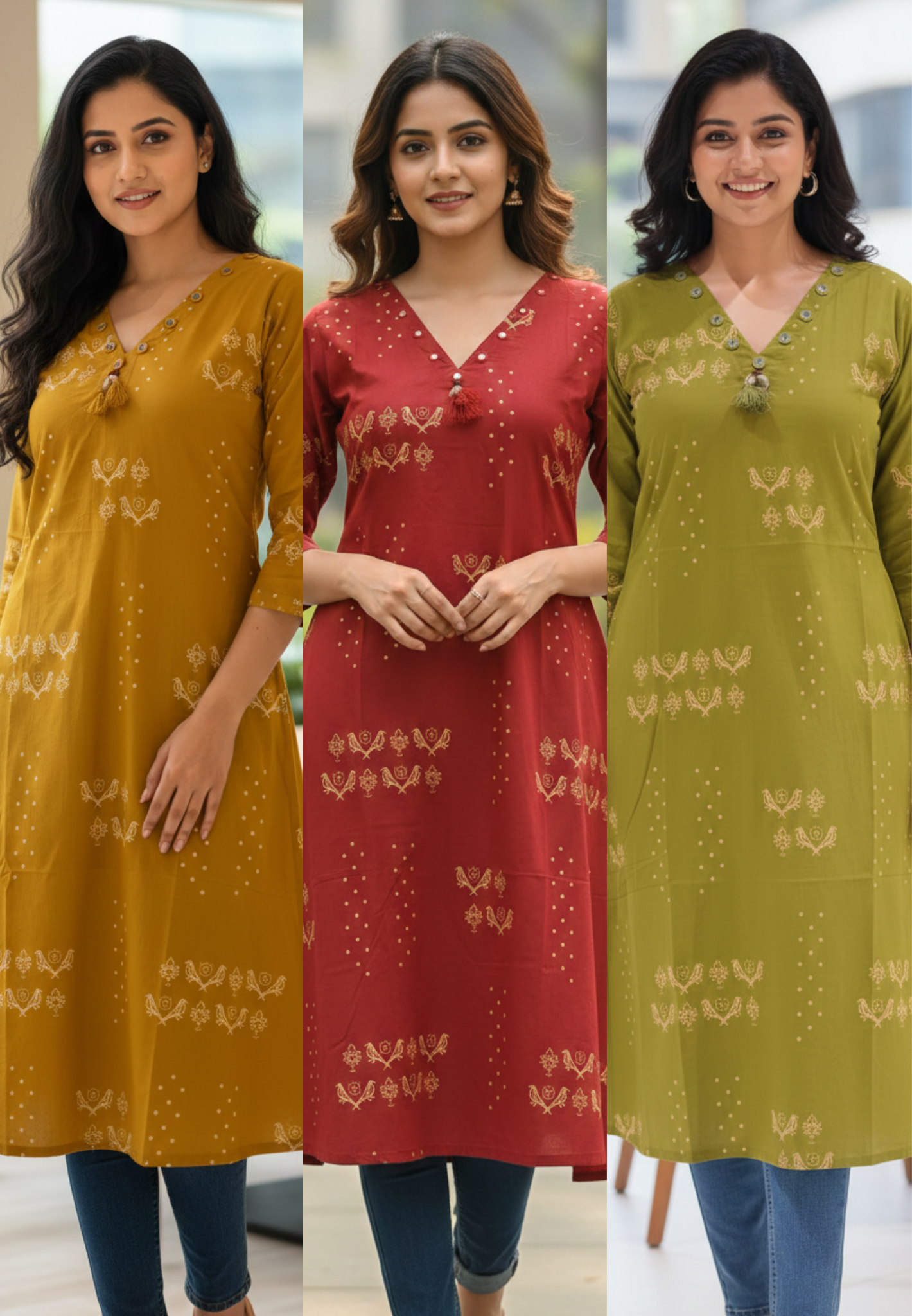 Solid Kurta With Real Mirror Neck Line Tiny Birds & Polka Print In Cotton Fabric- 13519