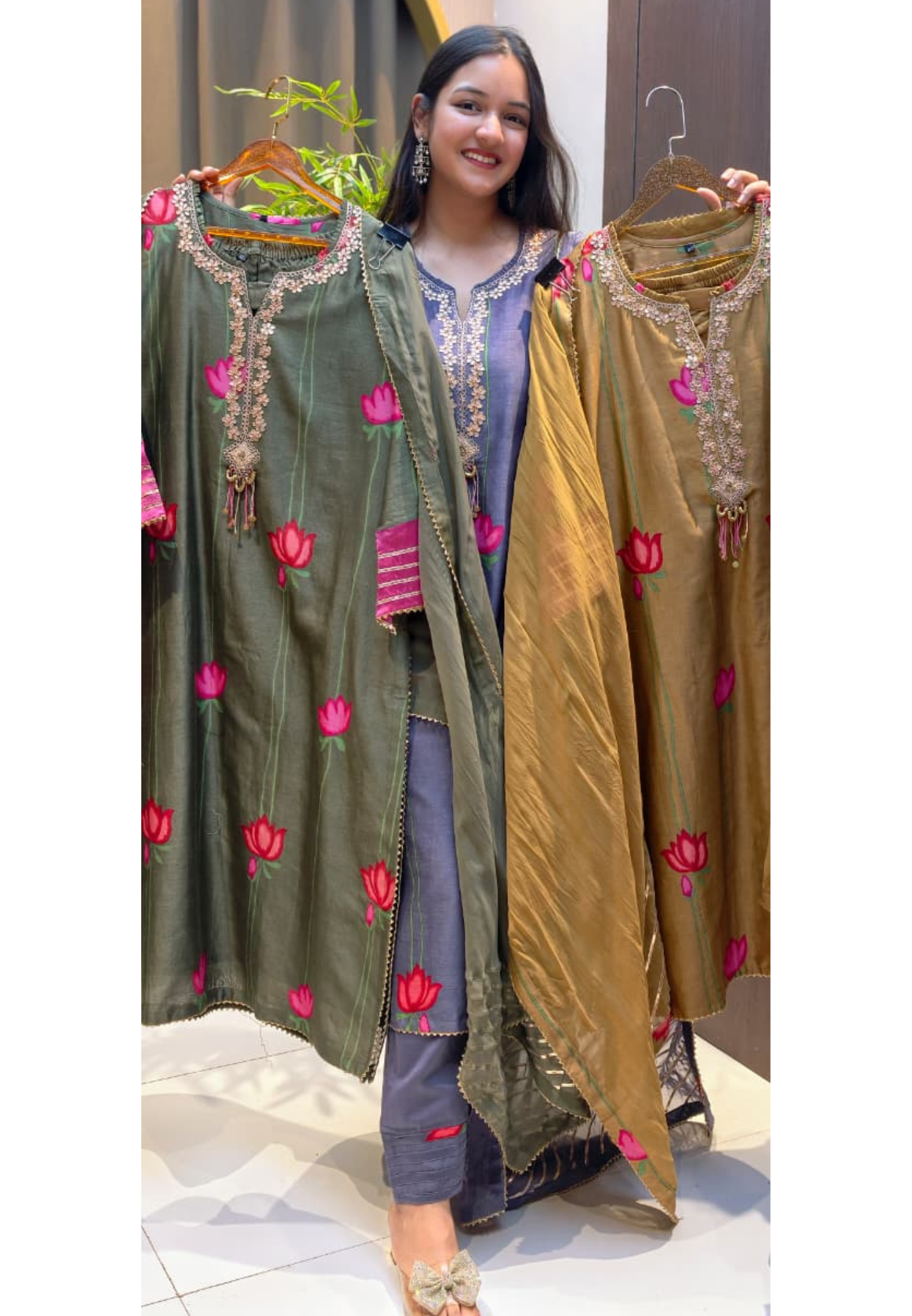 Premium Pure Mul chanderi Zardosi Embroidered Graceful Lotus Print Full Suit Set With Dupatta-