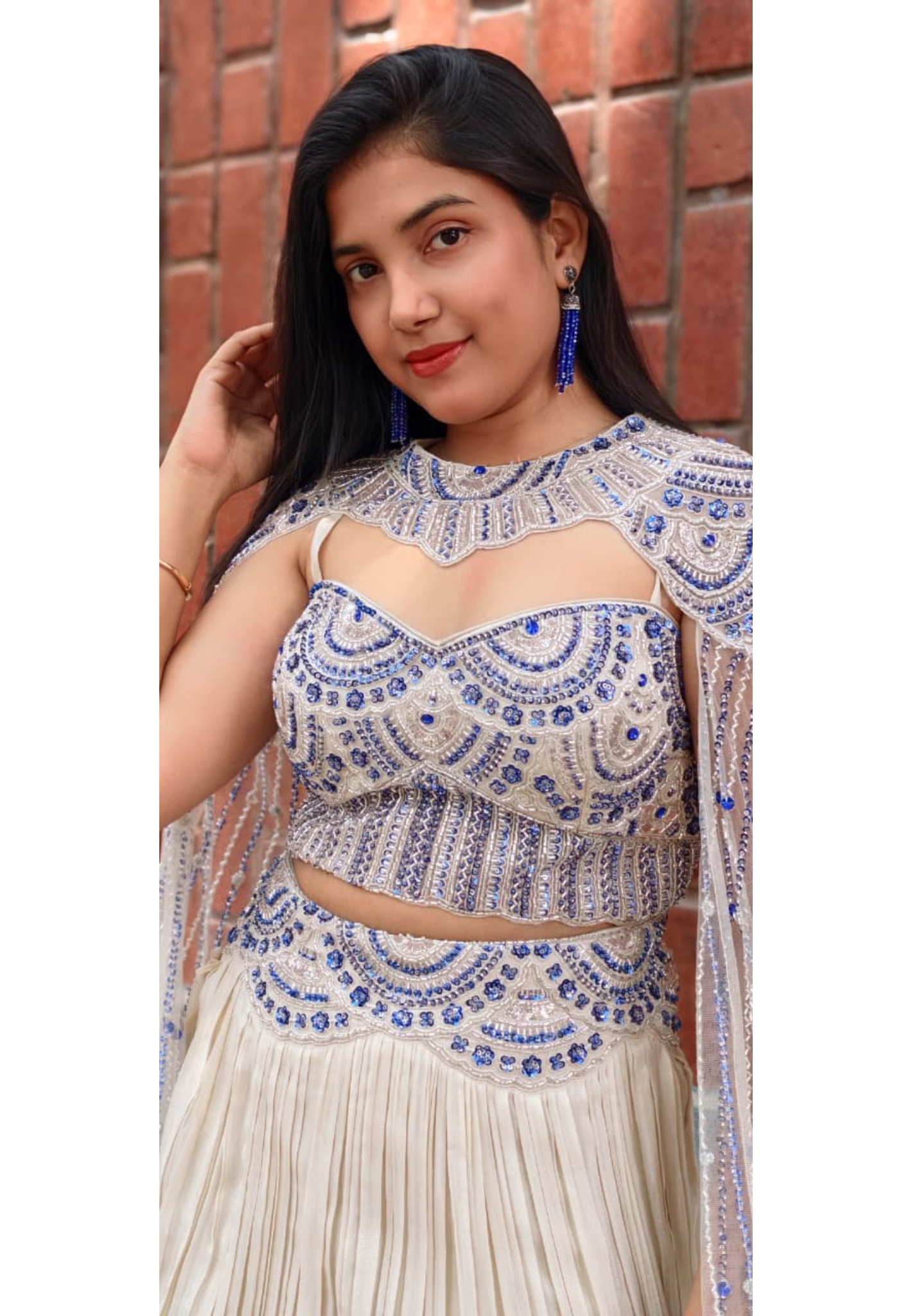 Royal Blue Crystallex Sequin Embellished Handwork Crop-Top With Skirt & Heavy Majestic Cape